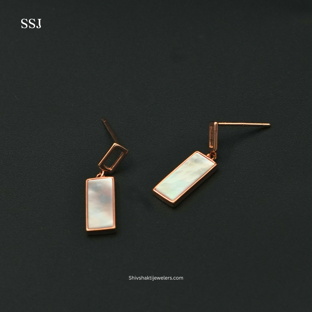 Rose Gold Mother of Pearl Rectangle Drop Earrings – 925 Silver Minimalist Luxury