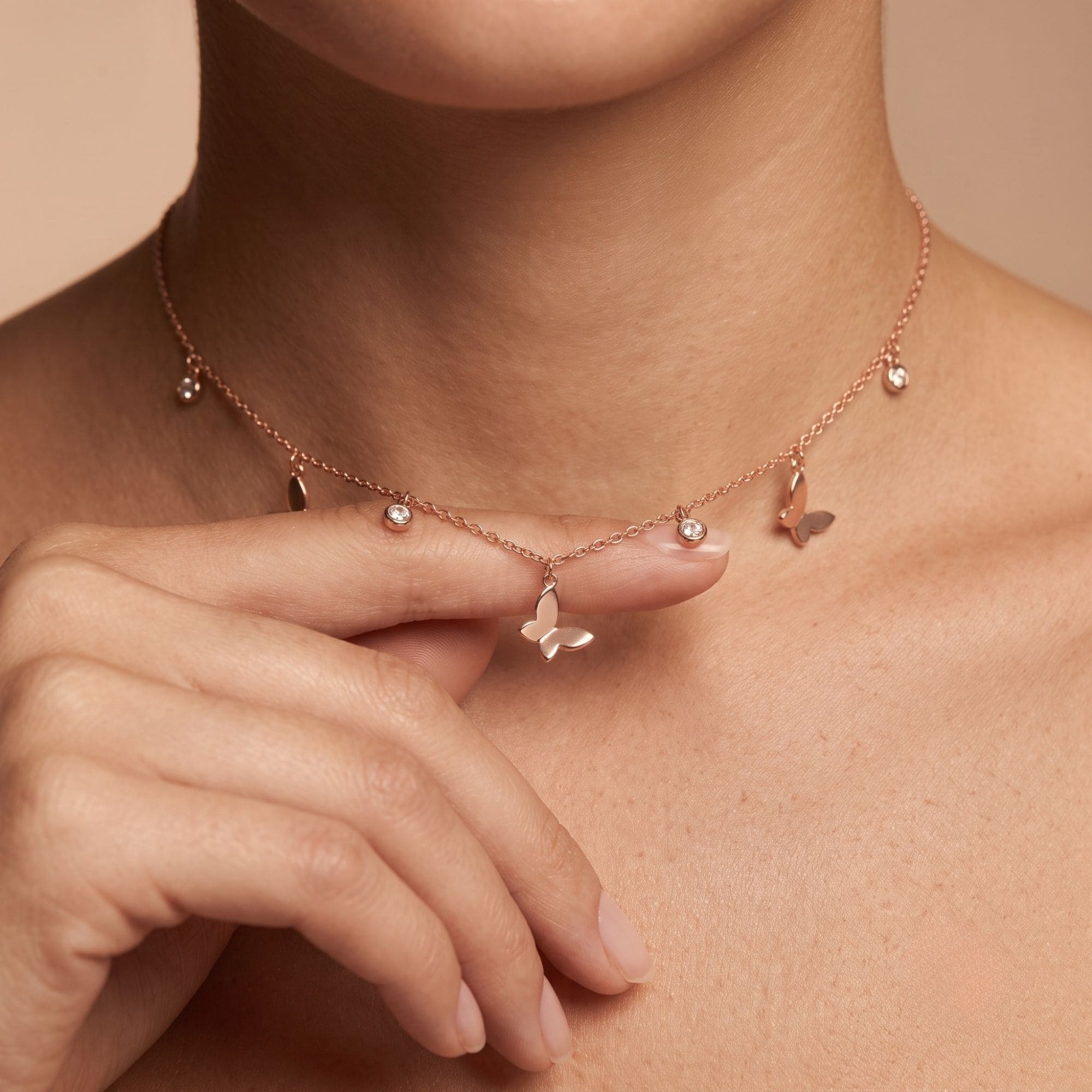 RUAAB butterfly charm necklace in rose gold finish 925 sterling silver with CZ