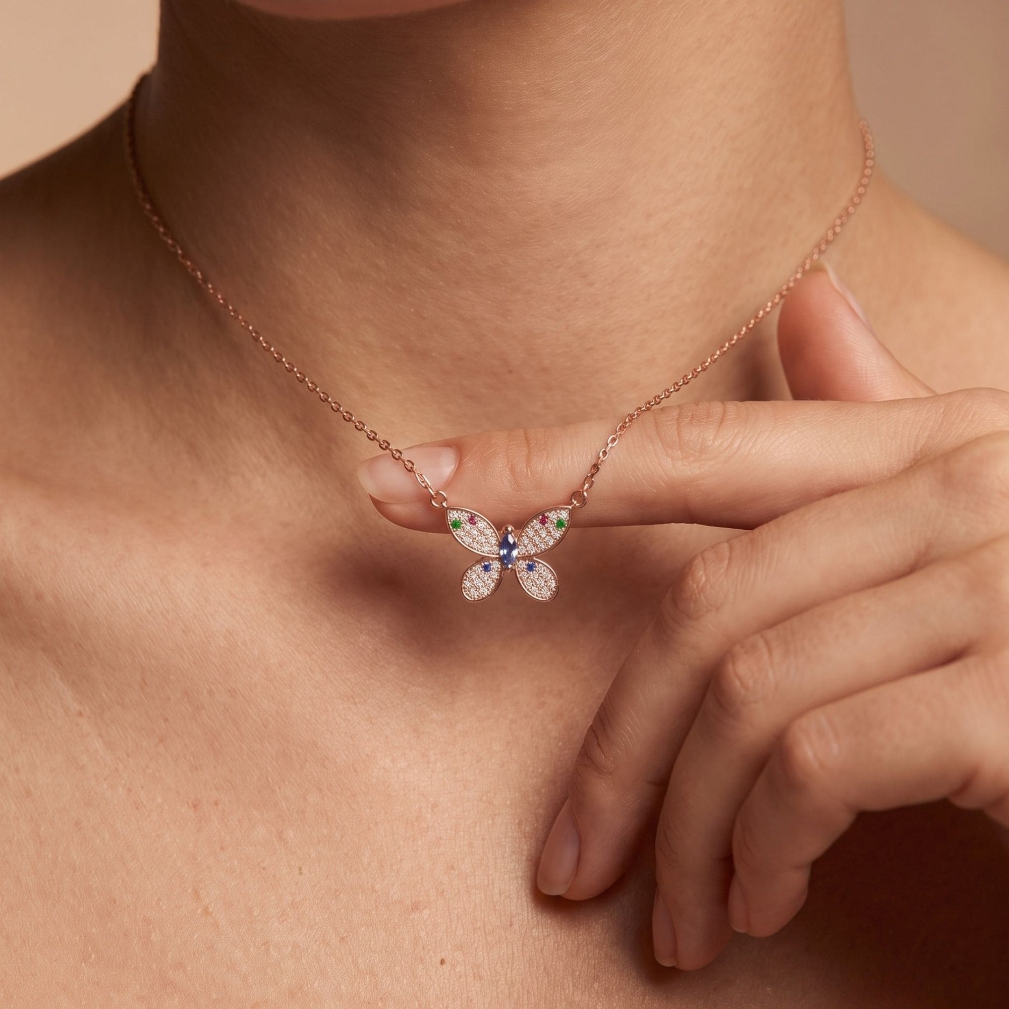 RUAAB butterfly pendant in rose gold finish 925 sterling silver with colour CZ accents
