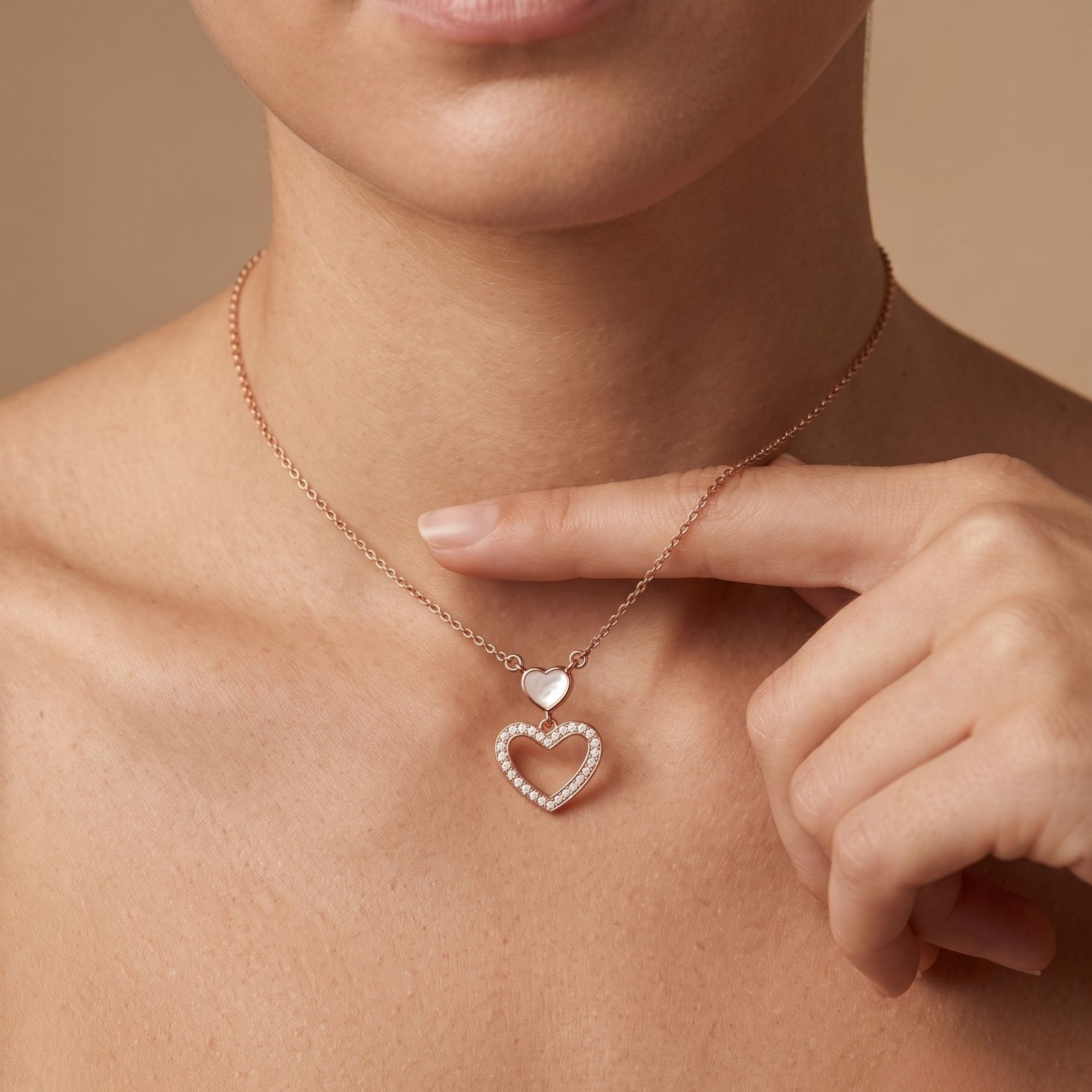 RUAAB double heart pendant in rose gold finish 925 sterling silver with CZ