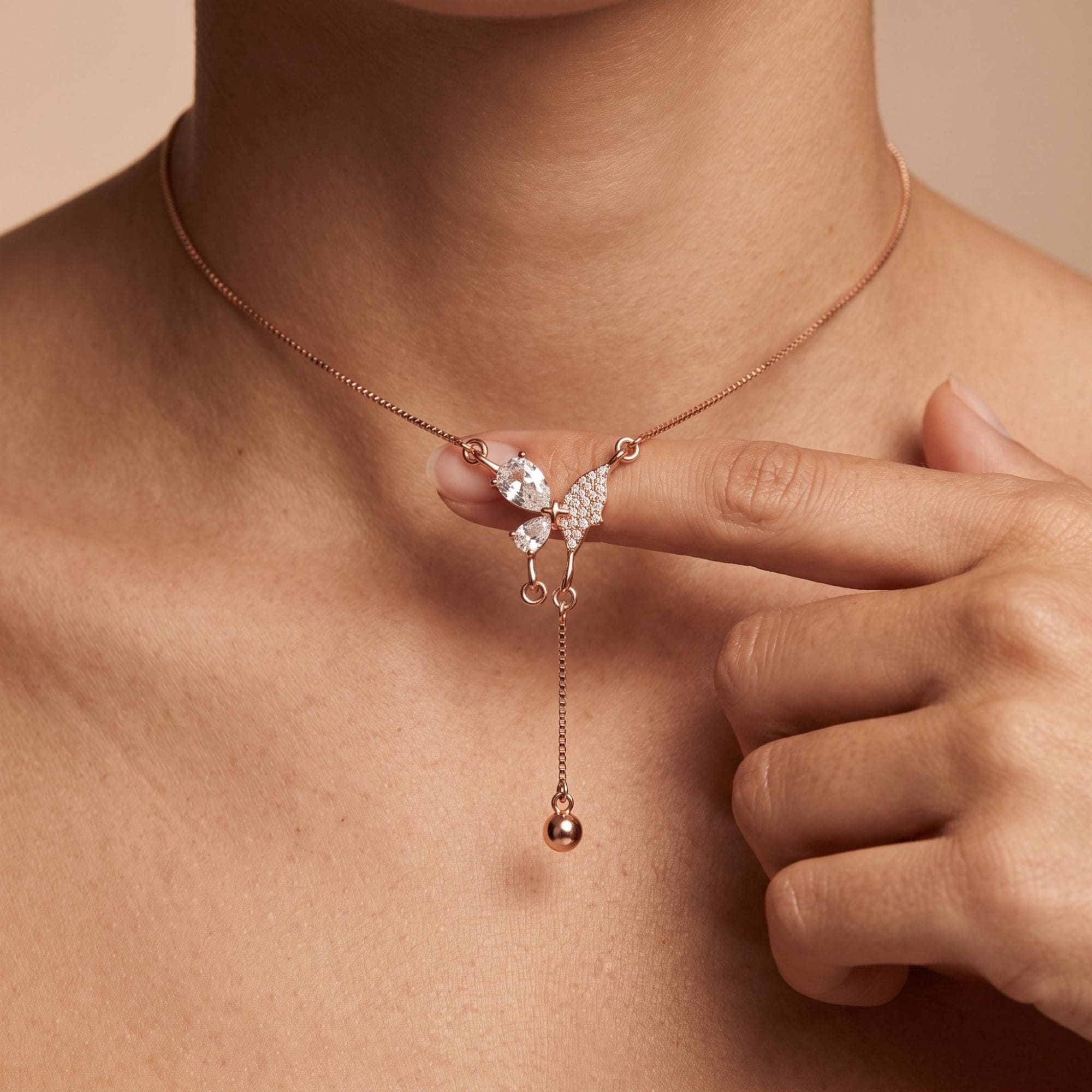 RUAAB butterfly lariat necklace in rose gold finish 925 sterling silver with CZ drop