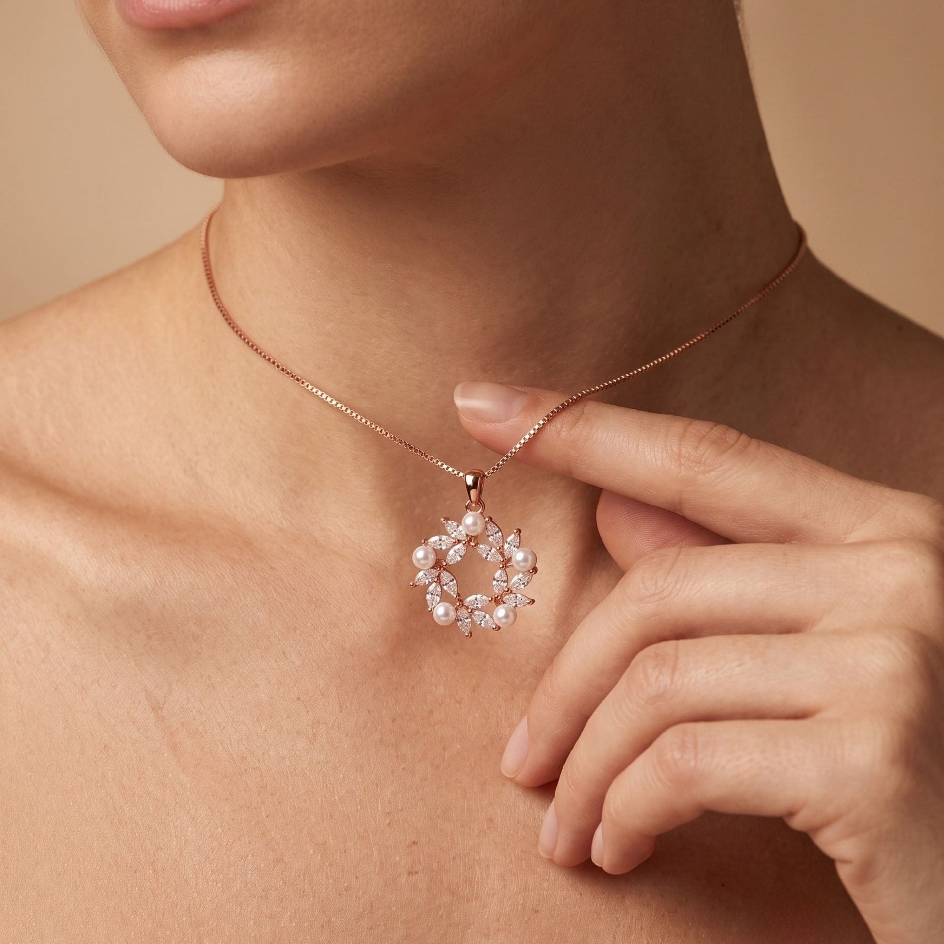 RUAAB pearl circle wreath pendant in rose gold finish 925 sterling silver with marquise CZ and pearls