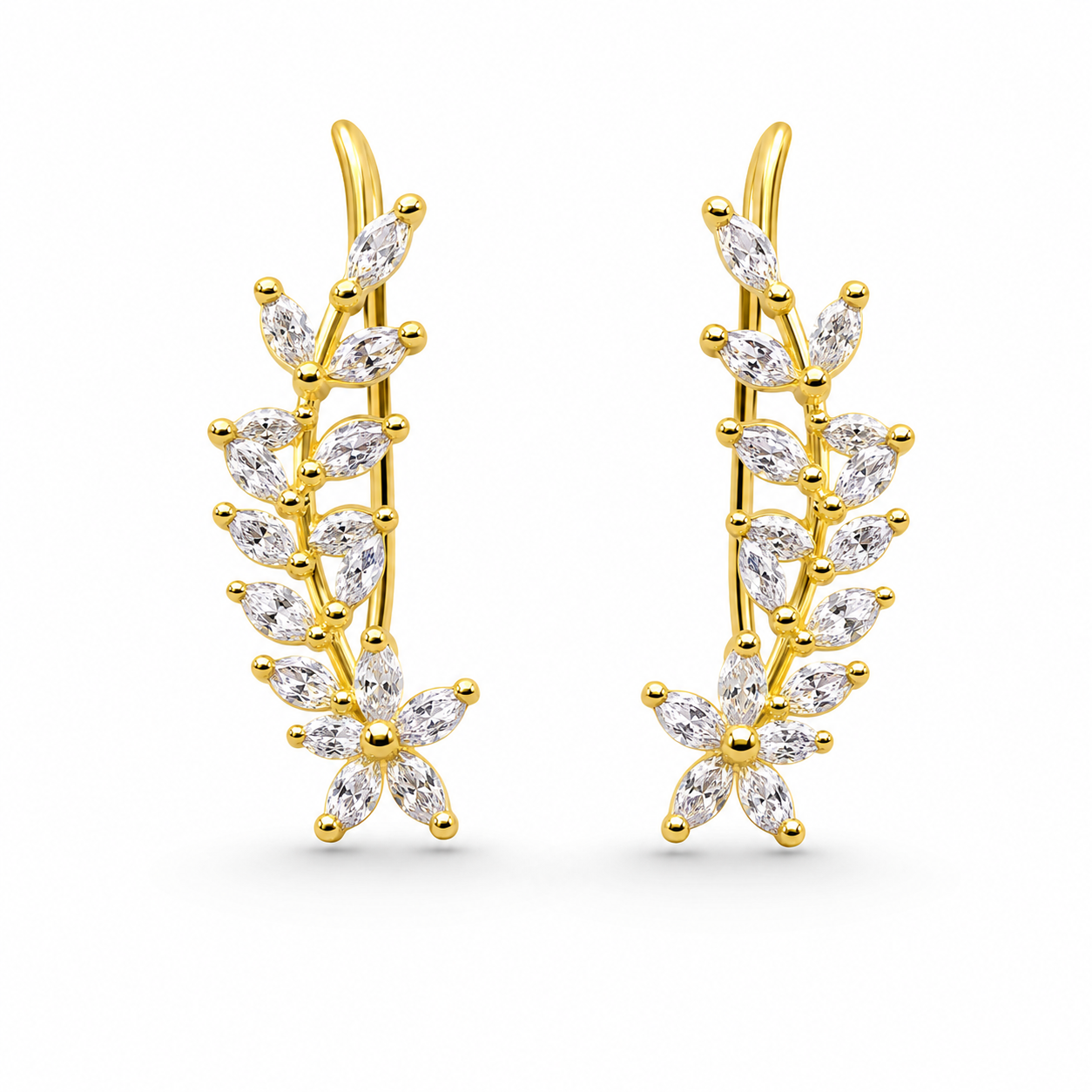 RUAAB Olive Cluster gold-finish 925 silver ear climber with layered CZ leaves