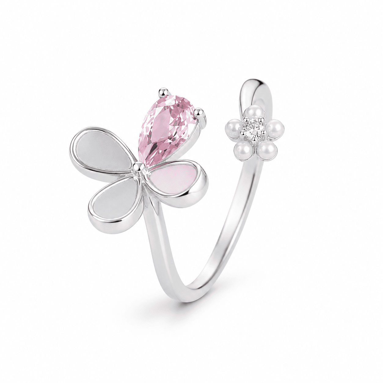 RUAAB flower adjustable ring in 925 sterling silver with pear-cut CZ and mother-of-pearl, colour and finish options