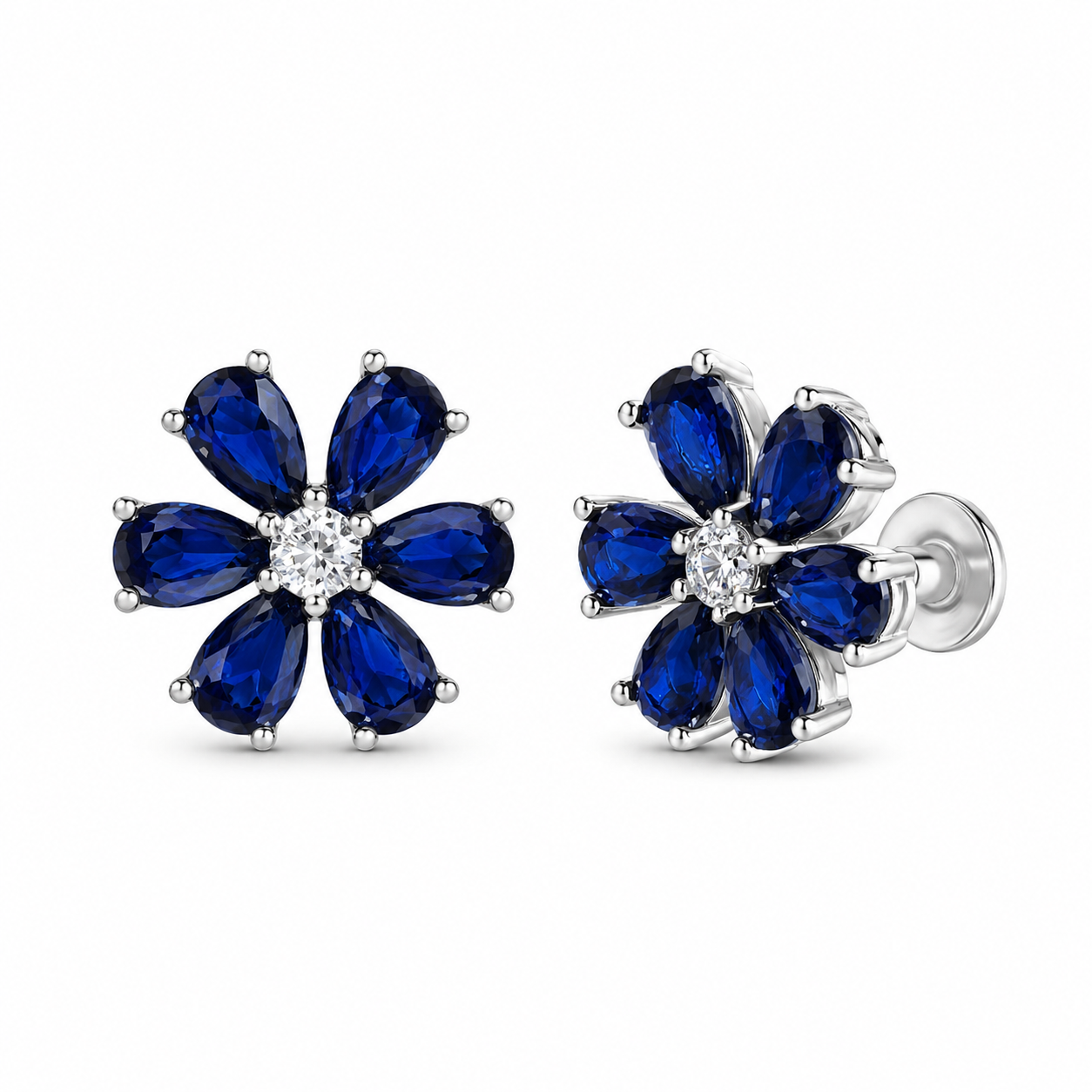 RUAAB Sapphire blue CZ 925 sterling silver flower stud earrings for women