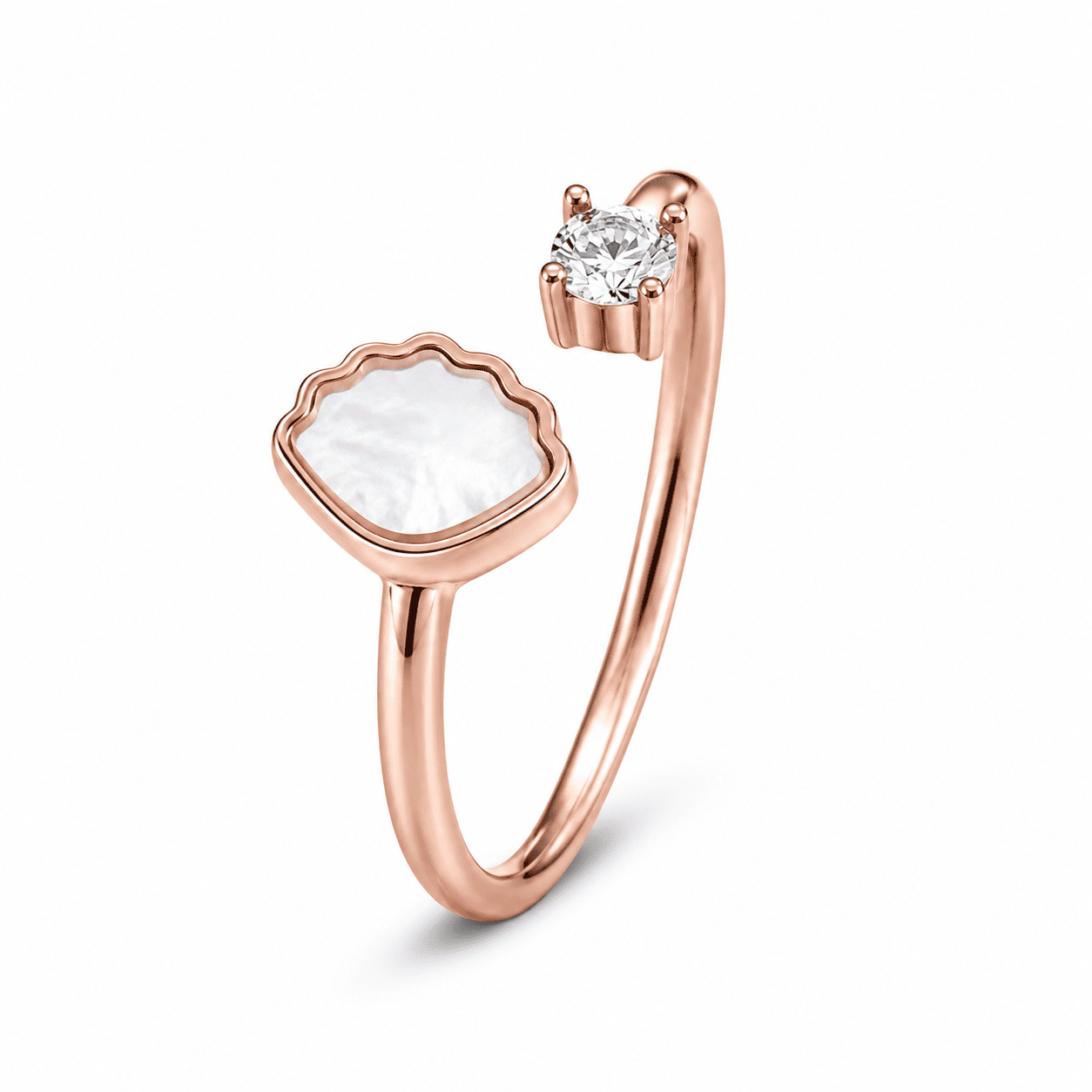 RUAAB Scallop Shell adjustable ring in 925 sterling silver with mother-of-pearl and CZ