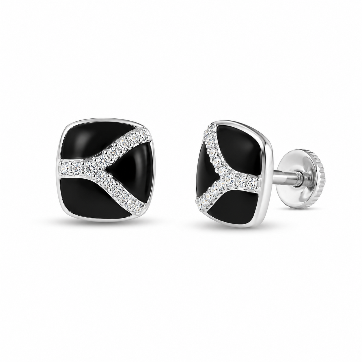 RUAAB Chevron cushion enamel stud earrings in 925 sterling silver with pavé CZ