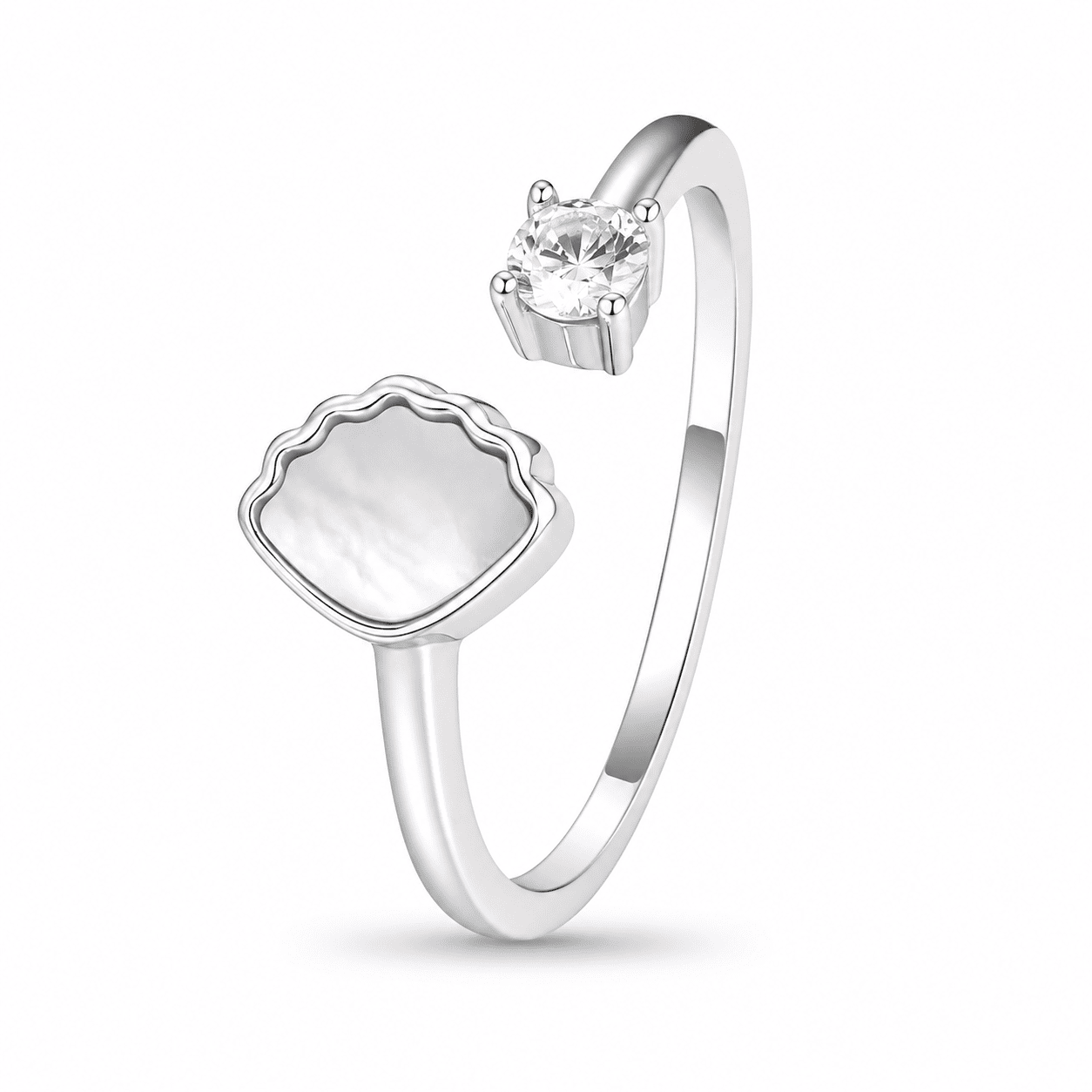 RUAAB Scallop Shell adjustable ring in 925 sterling silver with mother-of-pearl and CZ