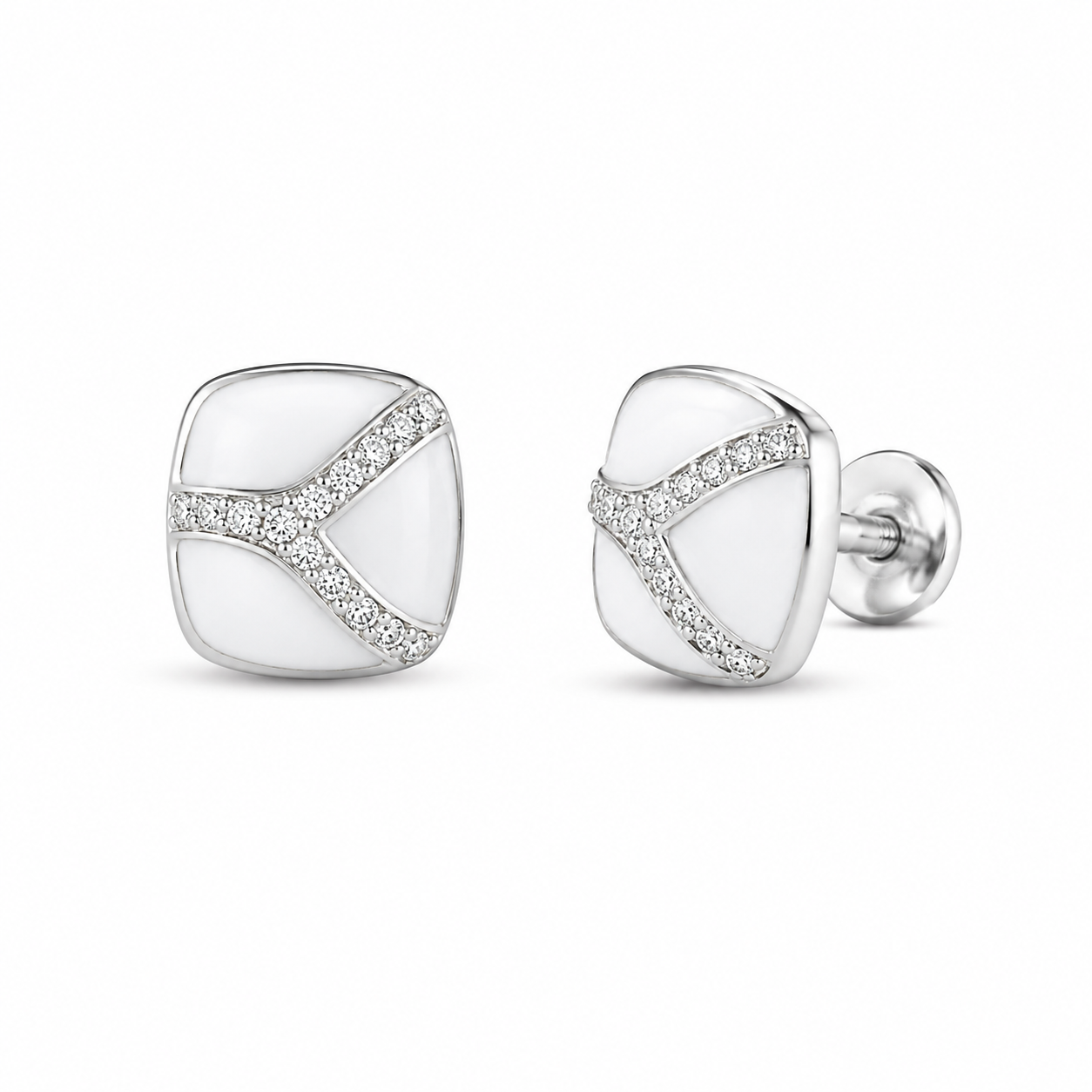 RUAAB Chevron cushion enamel stud earrings in 925 sterling silver with pavé CZ