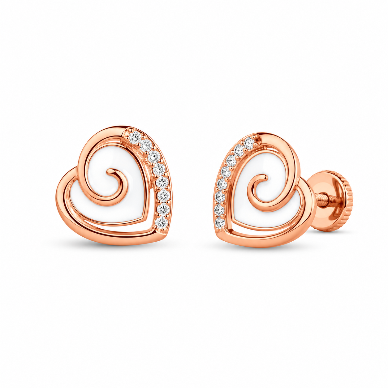 RUAAB Swirl heart enamel stud earrings in 925 sterling silver with pavé CZ