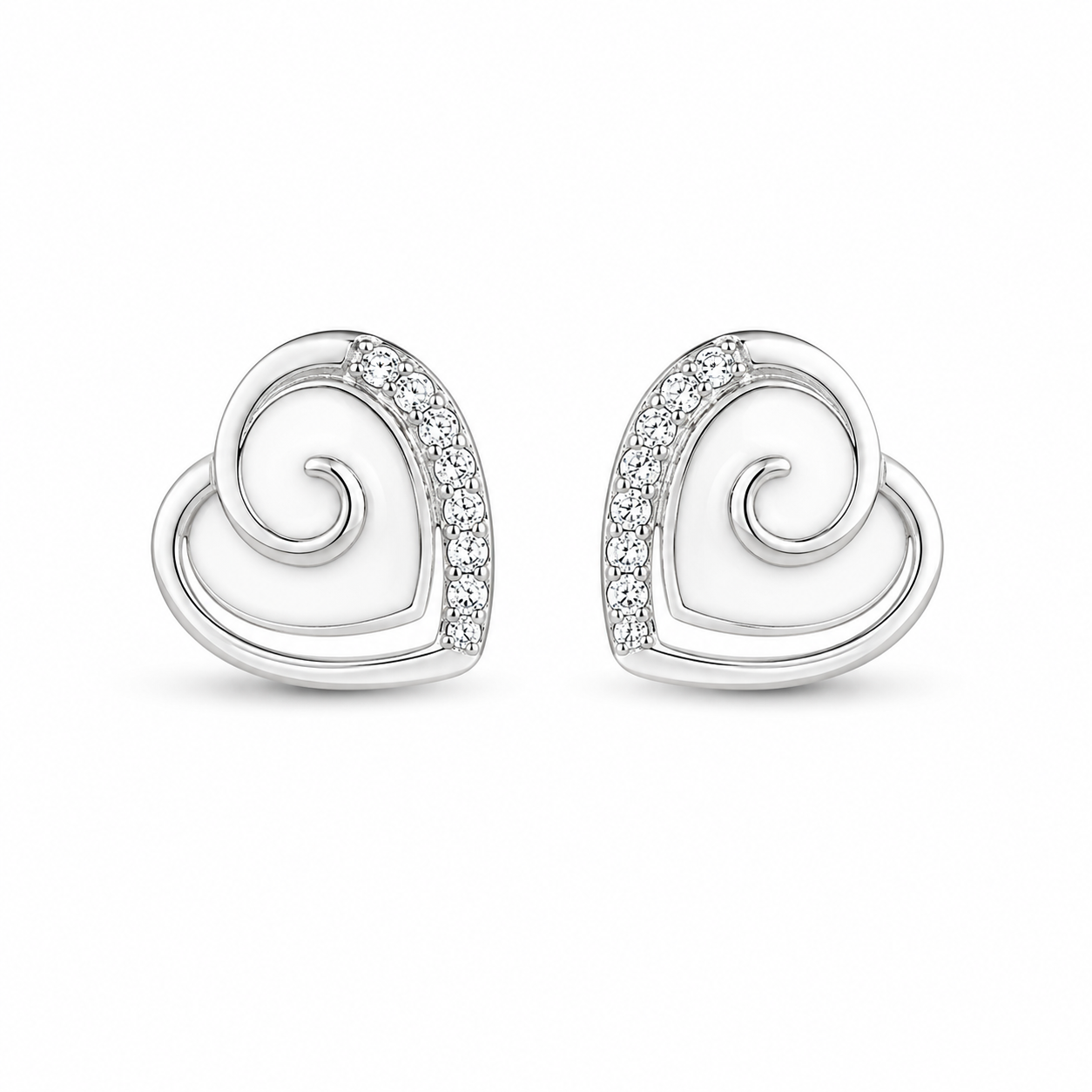 RUAAB Swirl heart enamel stud earrings in 925 sterling silver with pavé CZ