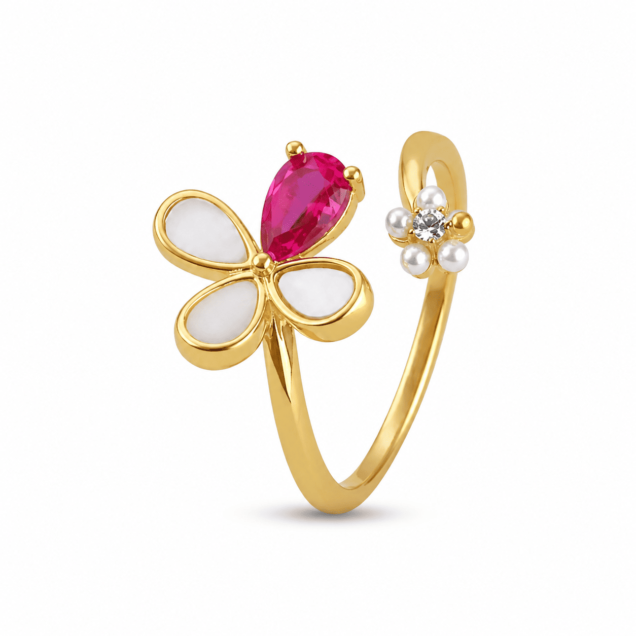 RUAAB flower adjustable ring in 925 sterling silver with pear-cut CZ and mother-of-pearl, colour and finish options