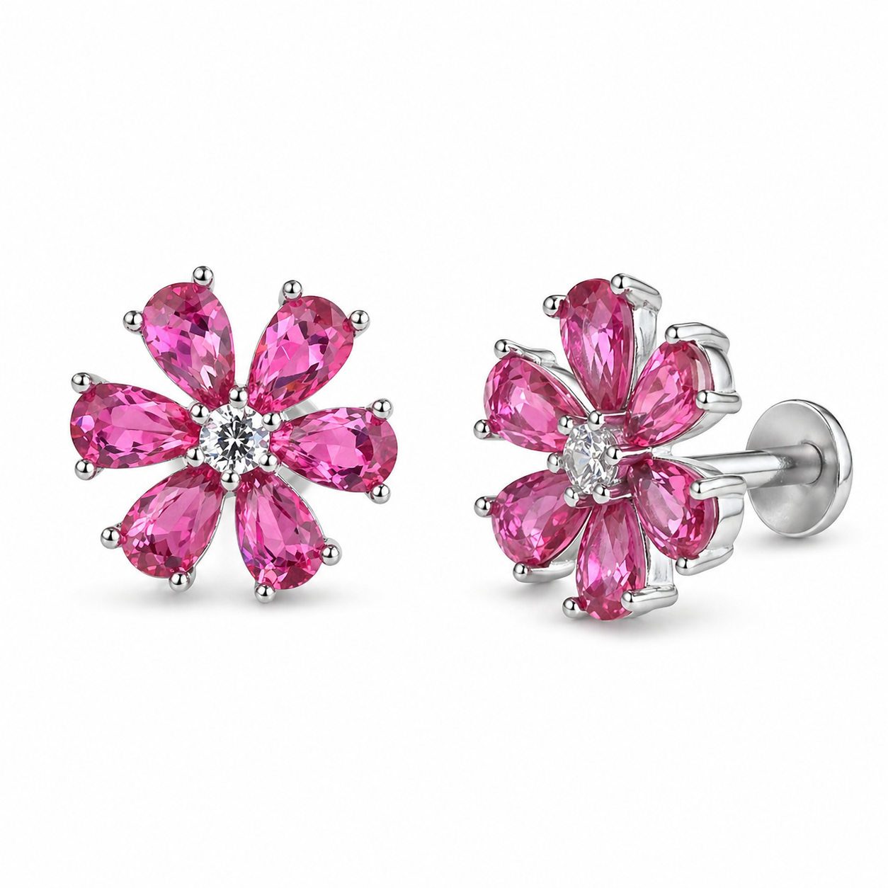 RUAAB Magenta CZ 925 sterling silver flower stud earrings for women