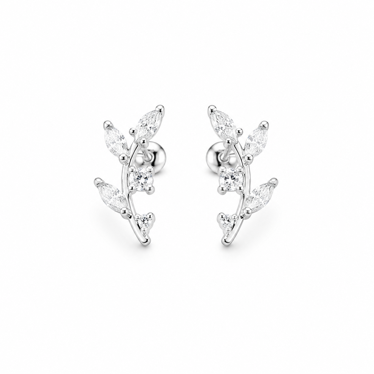 RUAAB Laurel Sprig CZ 925 sterling silver leaf stud earrings for women