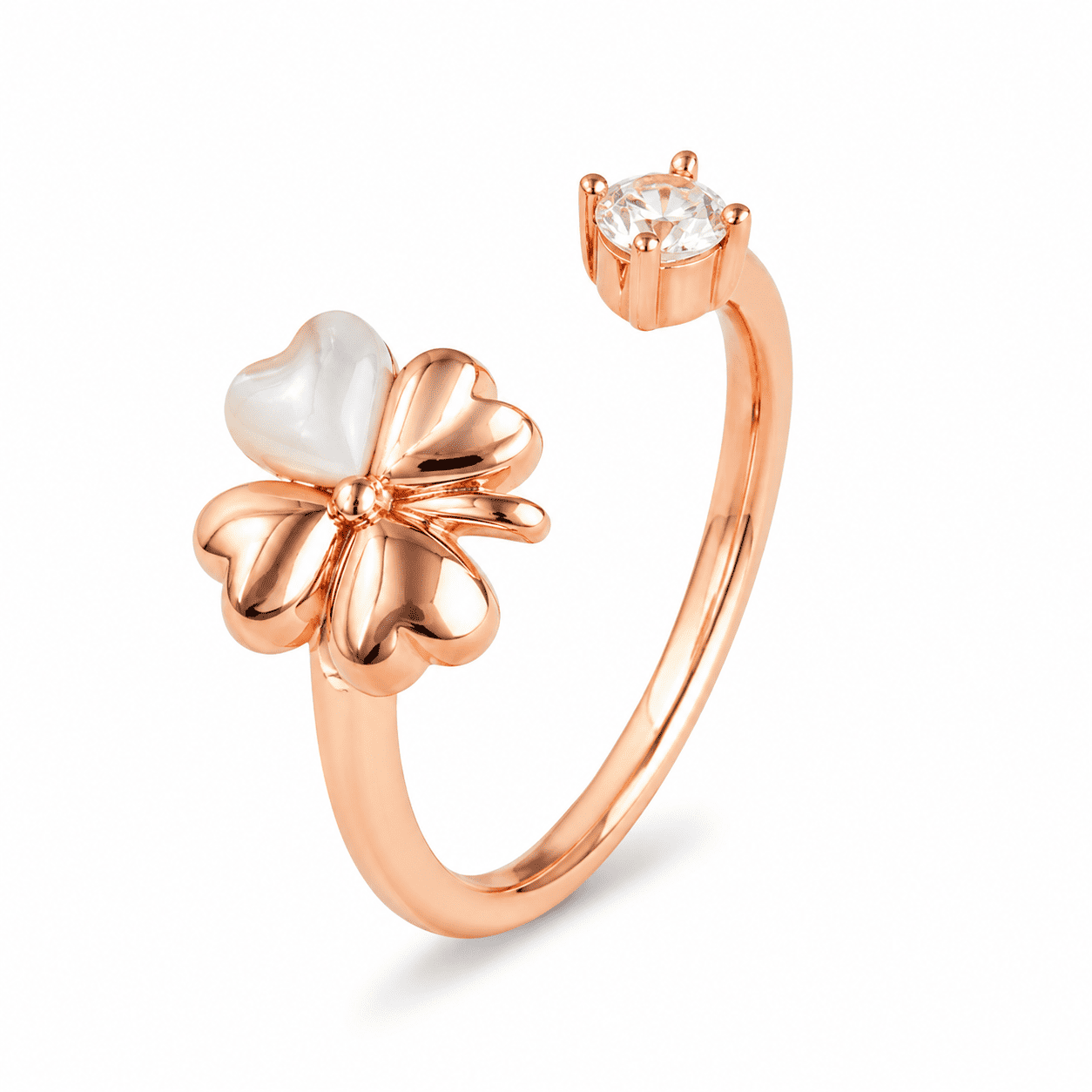 RUAAB Four-leaf clover adjustable ring in 925 sterling silver with mother-of-pearl and CZ