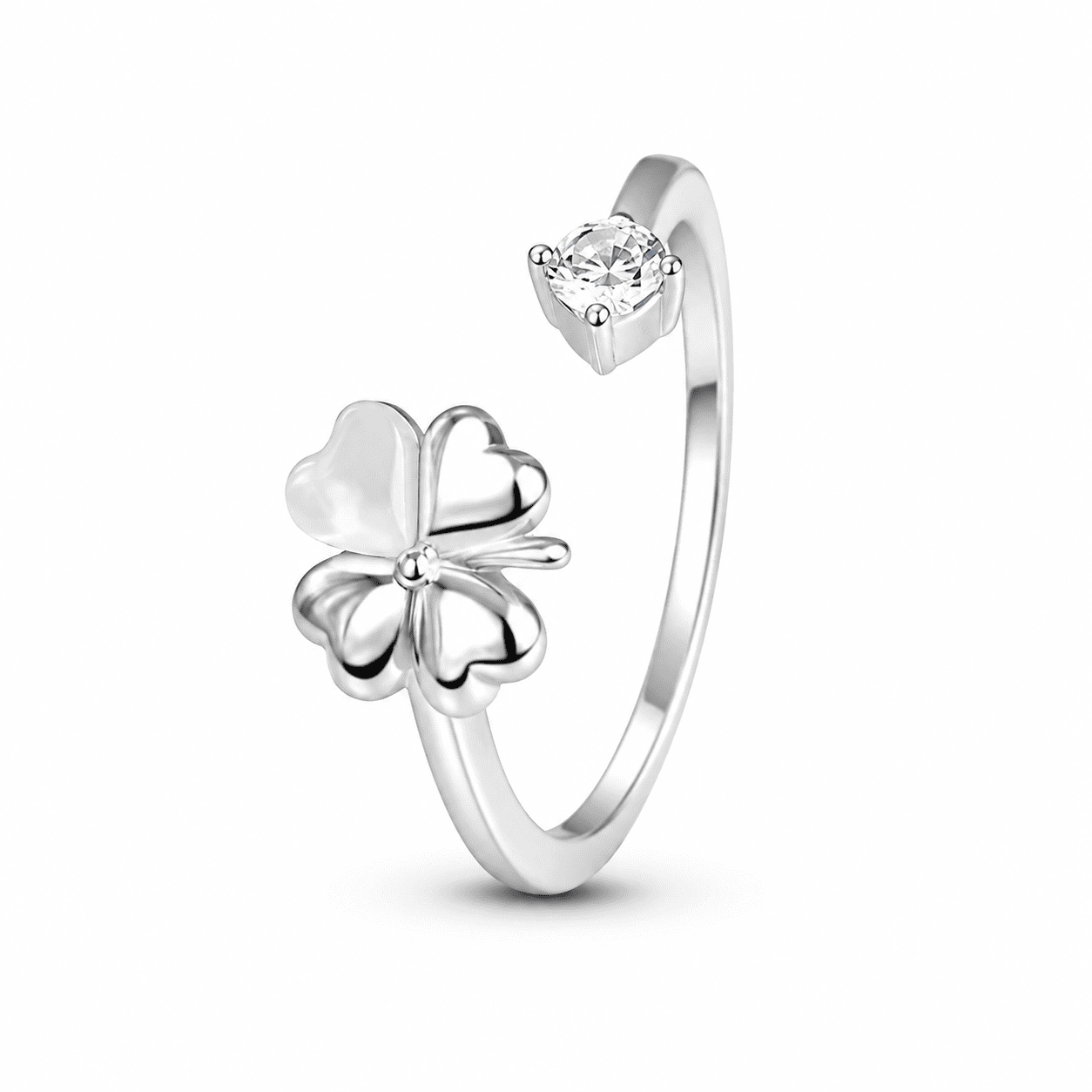 RUAAB Four-leaf clover adjustable ring in 925 sterling silver with mother-of-pearl and CZ