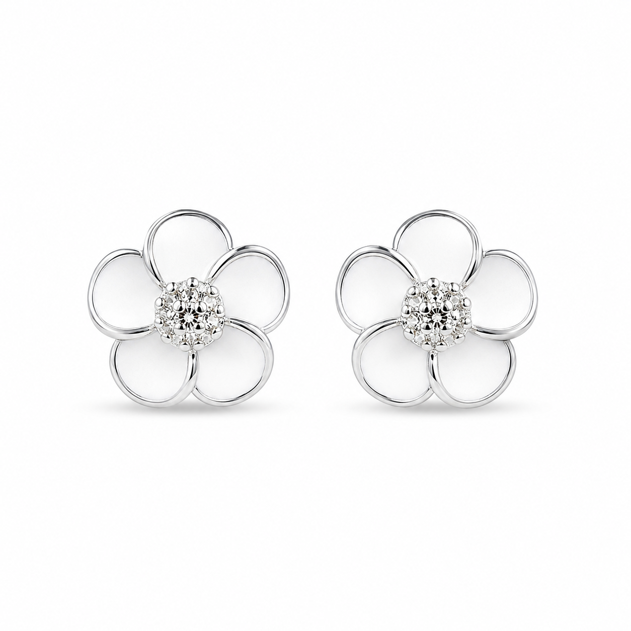 RUAAB Five-petal enamel flower stud earrings in 925 sterling silver with CZ centre