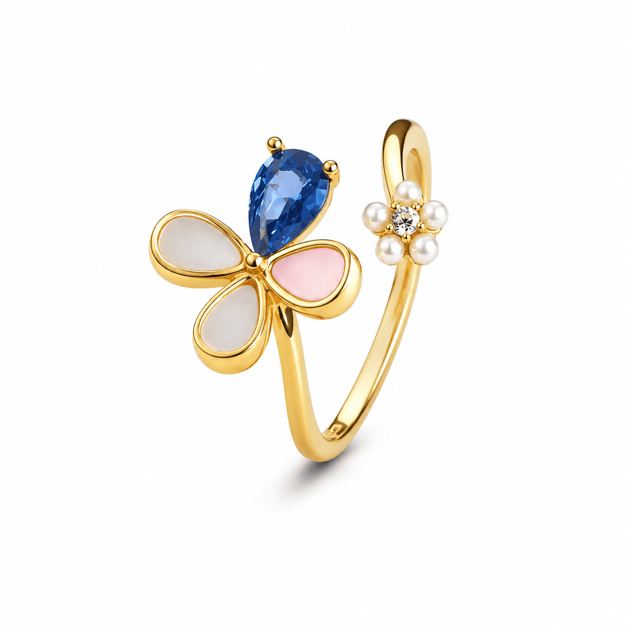 RUAAB flower adjustable ring in 925 sterling silver with pear-cut CZ and mother-of-pearl, colour and finish options