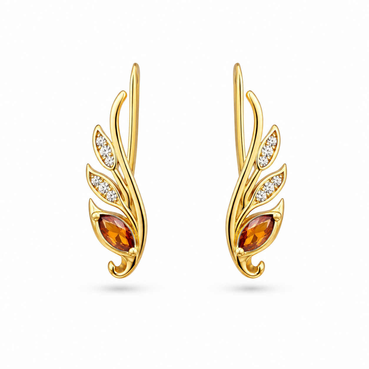 RUAAB Ember Wing gold-finish 925 silver feather ear cuff with pavé CZ and amber stone
