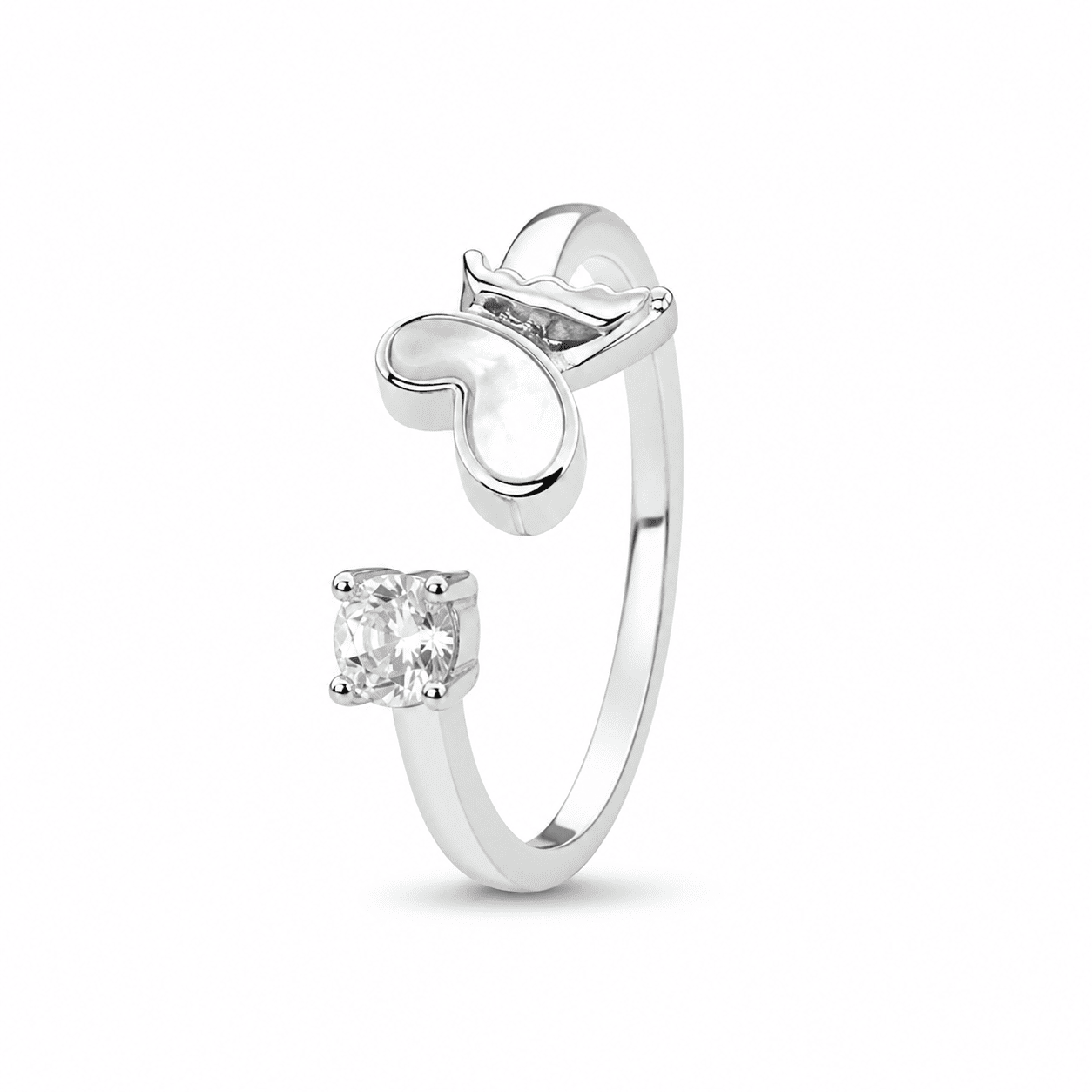 RUAAB Butterfly wing adjustable ring in 925 sterling silver with mother-of-pearl and CZ