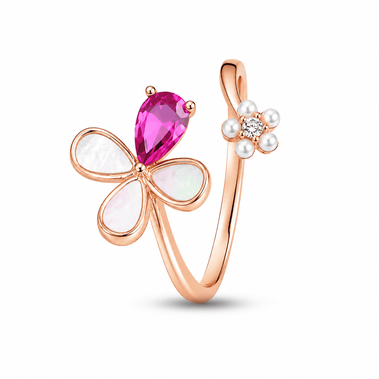 RUAAB flower adjustable ring in 925 sterling silver with pear-cut CZ and mother-of-pearl, colour and finish options
