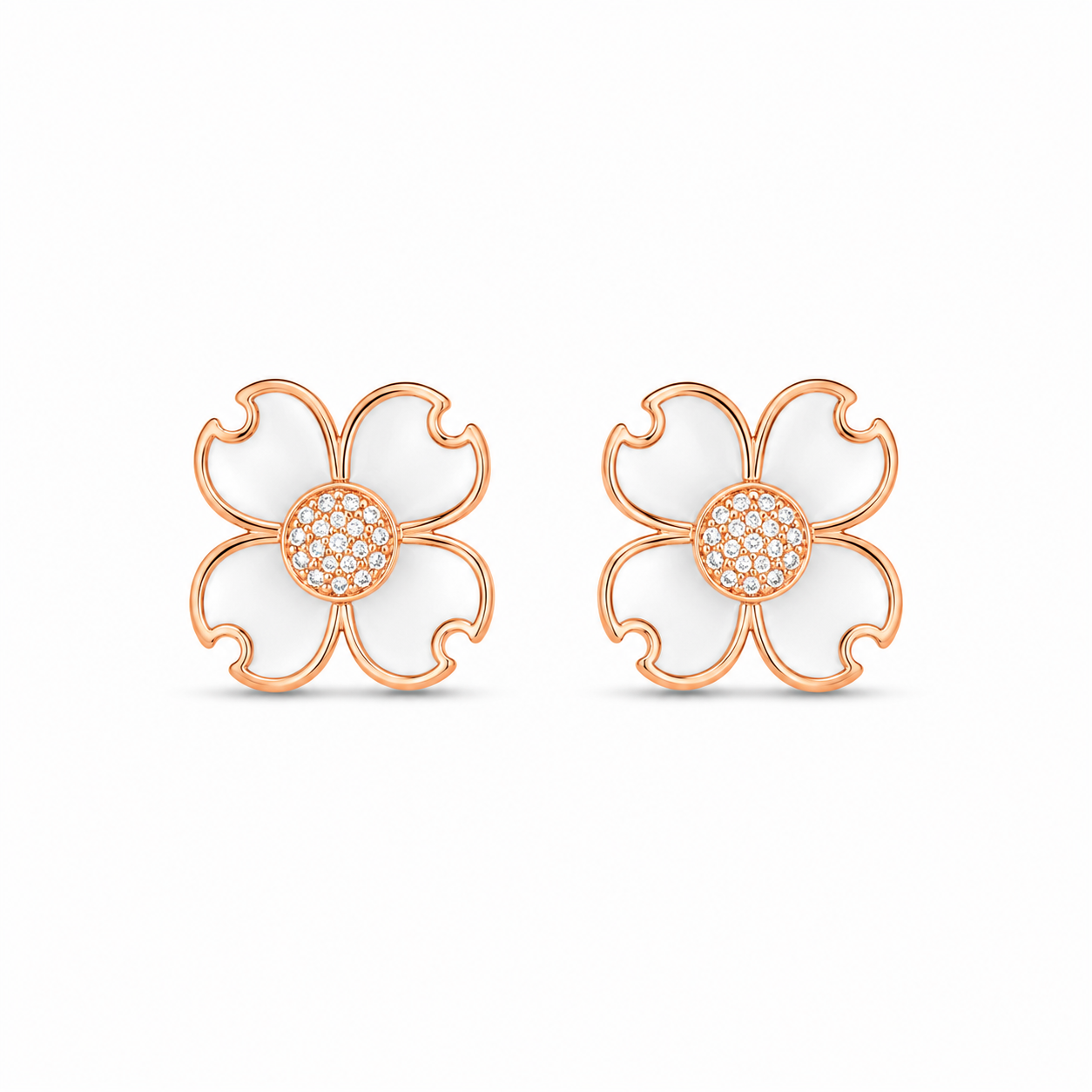 RUAAB Clover enamel stud earrings in rose-gold-finish 925 sterling silver with CZ centre