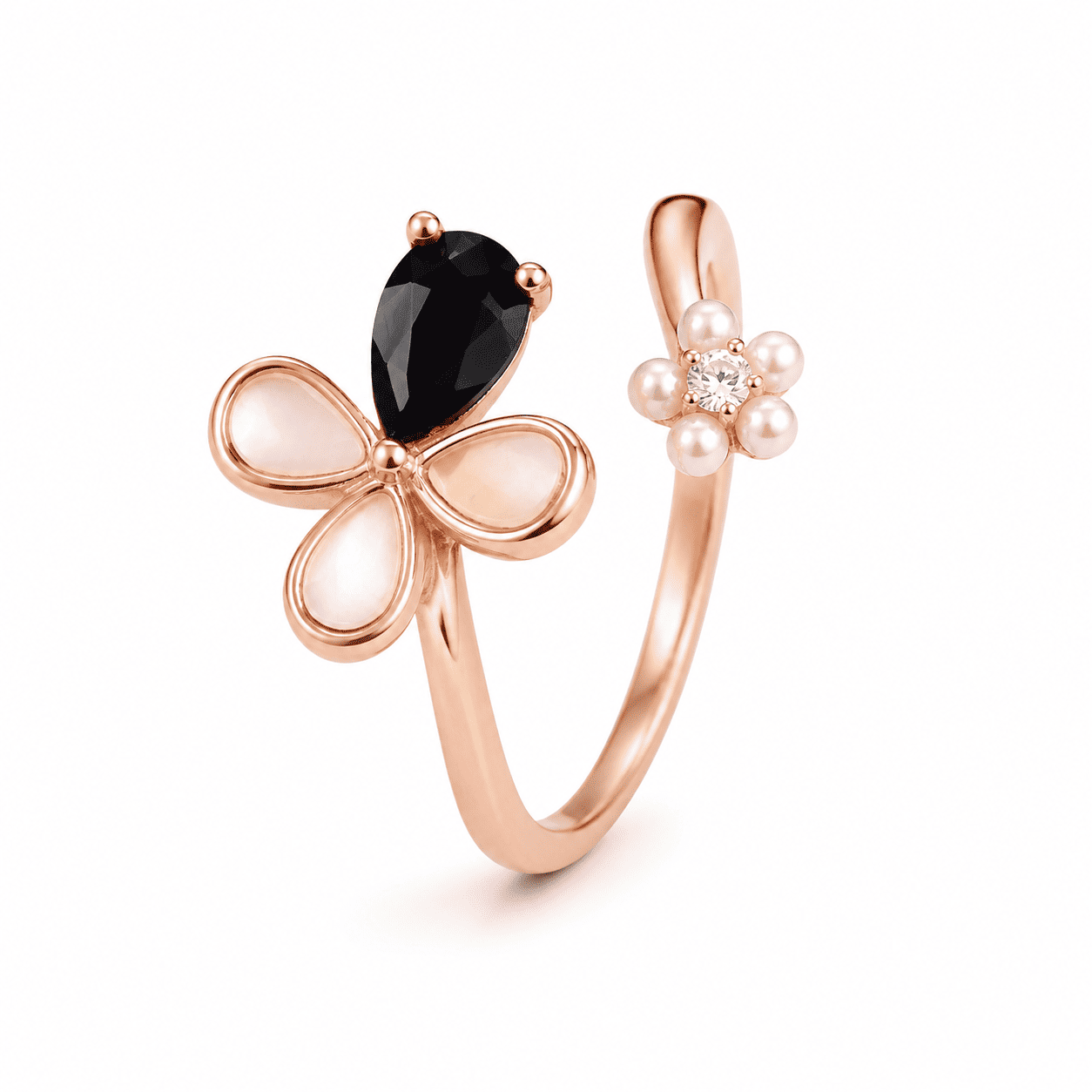 RUAAB flower adjustable ring in 925 sterling silver with pear-cut CZ and mother-of-pearl, colour and finish options