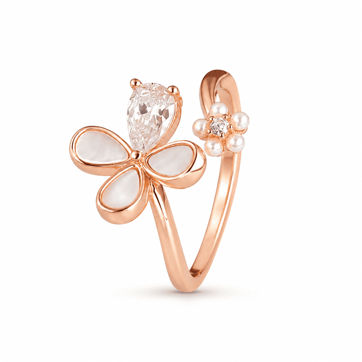 RUAAB flower adjustable ring in 925 sterling silver with pear-cut CZ and mother-of-pearl, colour and finish options