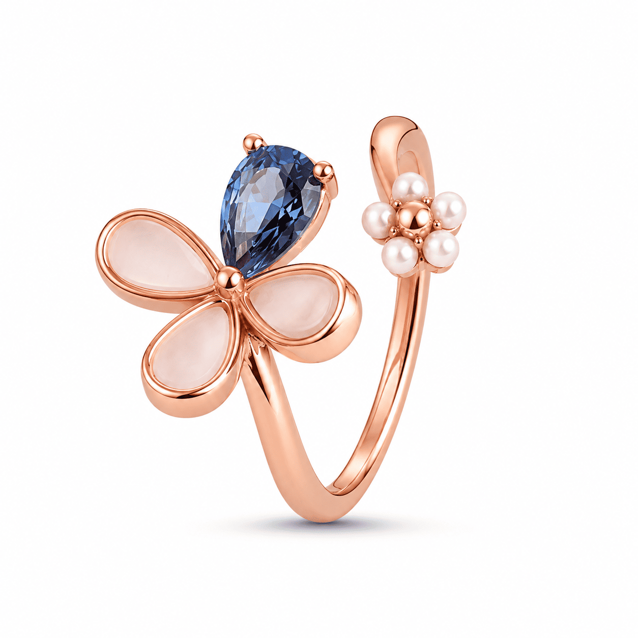RUAAB flower adjustable ring in 925 sterling silver with pear-cut CZ and mother-of-pearl, colour and finish options