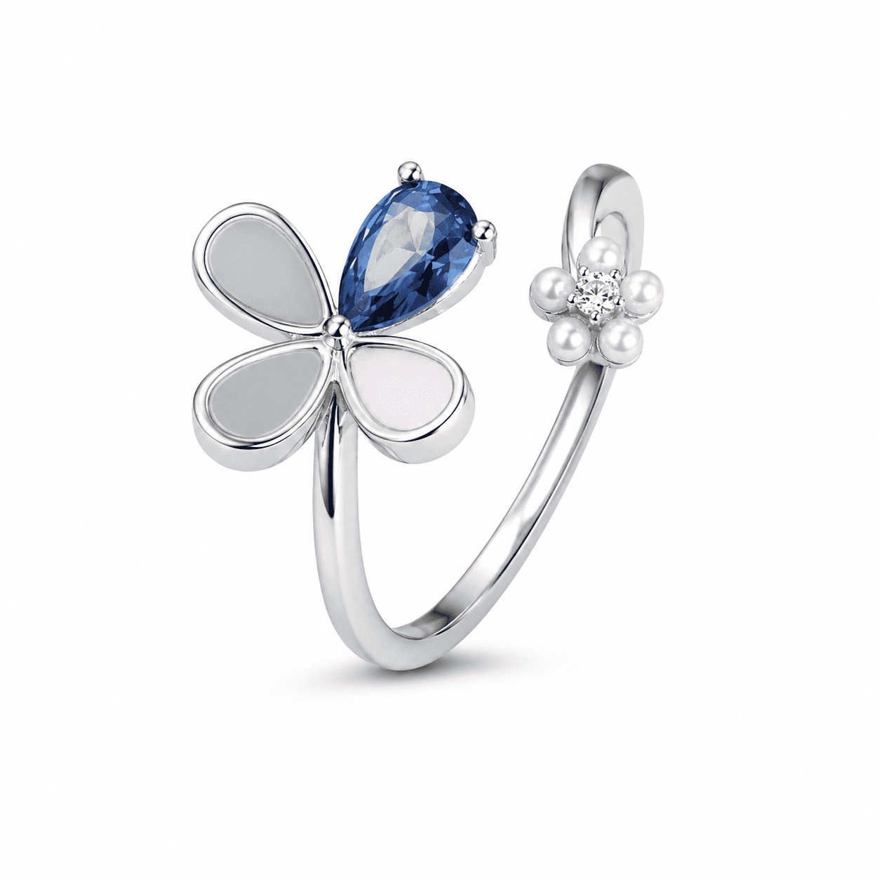 RUAAB flower adjustable ring in 925 sterling silver with pear-cut CZ and mother-of-pearl, colour and finish options