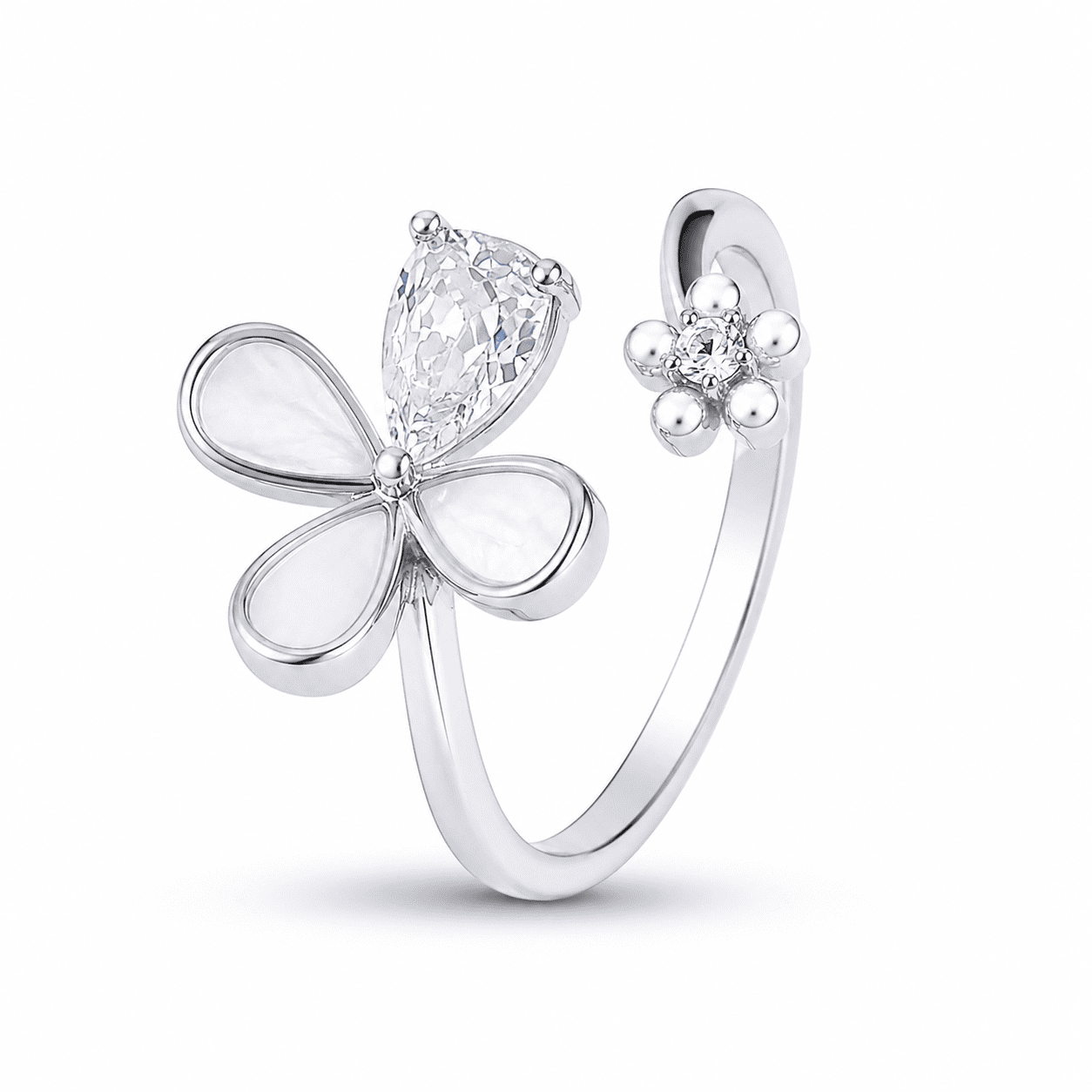 RUAAB flower adjustable ring in 925 sterling silver with pear-cut CZ and mother-of-pearl, colour and finish options