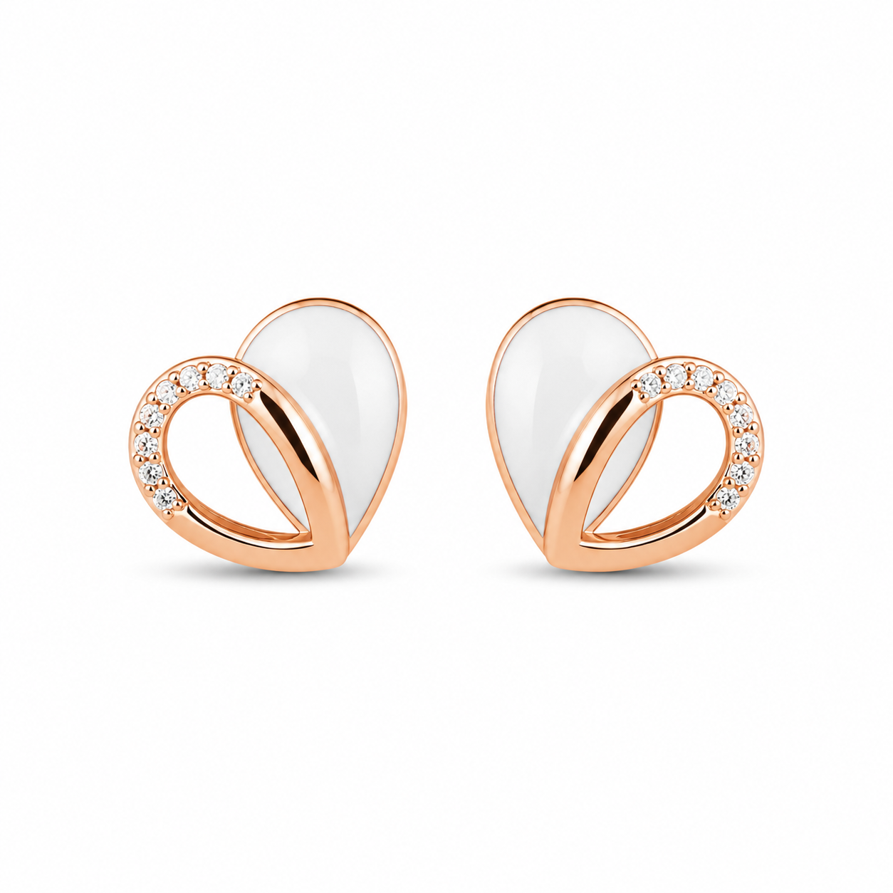 RUAAB Open heart enamel stud earrings in rose-gold-finish 925 sterling silver with pavé CZ
