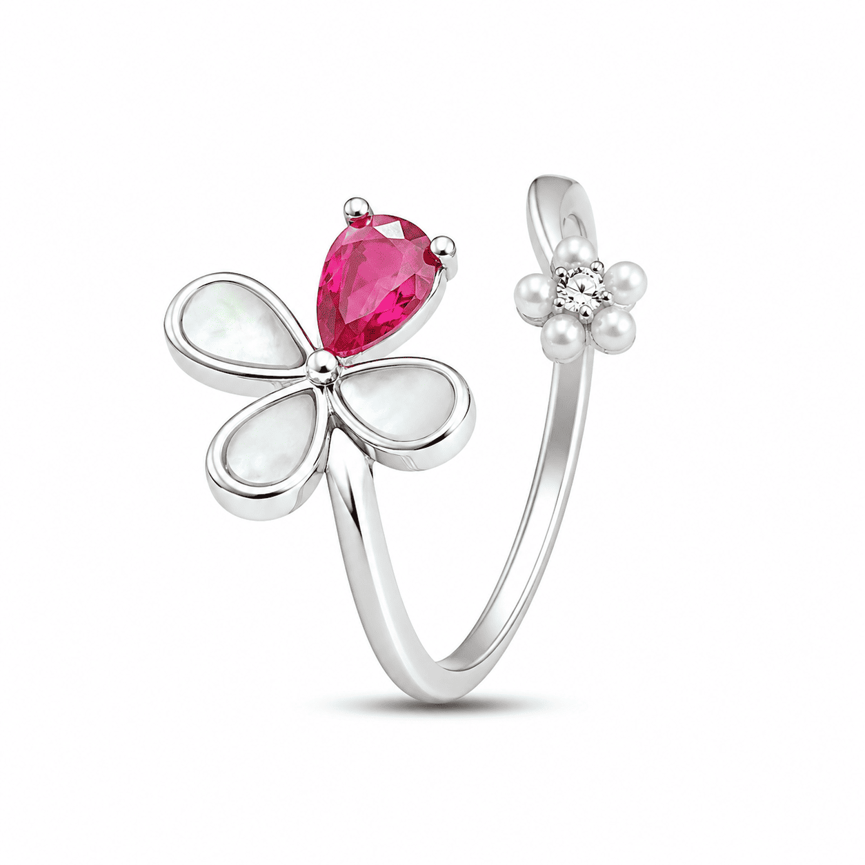 RUAAB flower adjustable ring in 925 sterling silver with pear-cut CZ and mother-of-pearl, colour and finish options