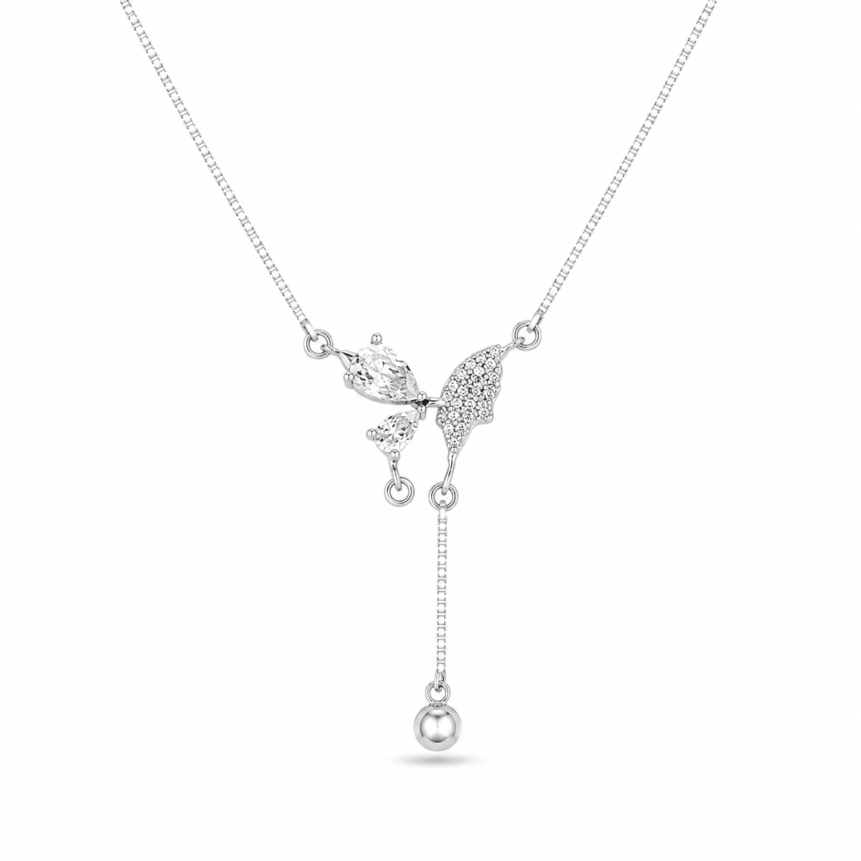 RUAAB Aria butterfly lariat pendant in 925 sterling silver with pavé CZ and pearl drop
