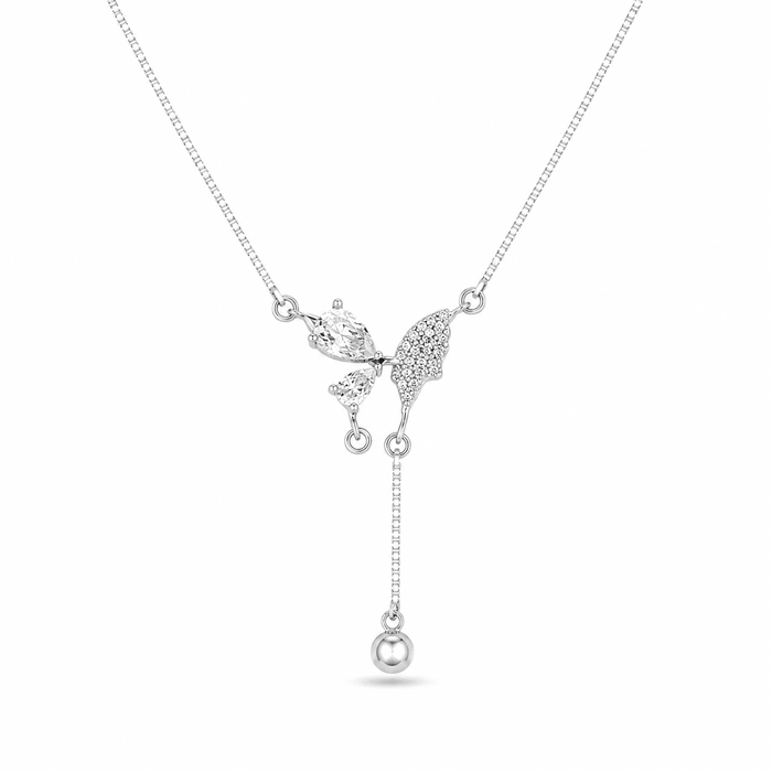 RUAAB Aria butterfly lariat pendant in 925 sterling silver with pavé CZ and pearl drop