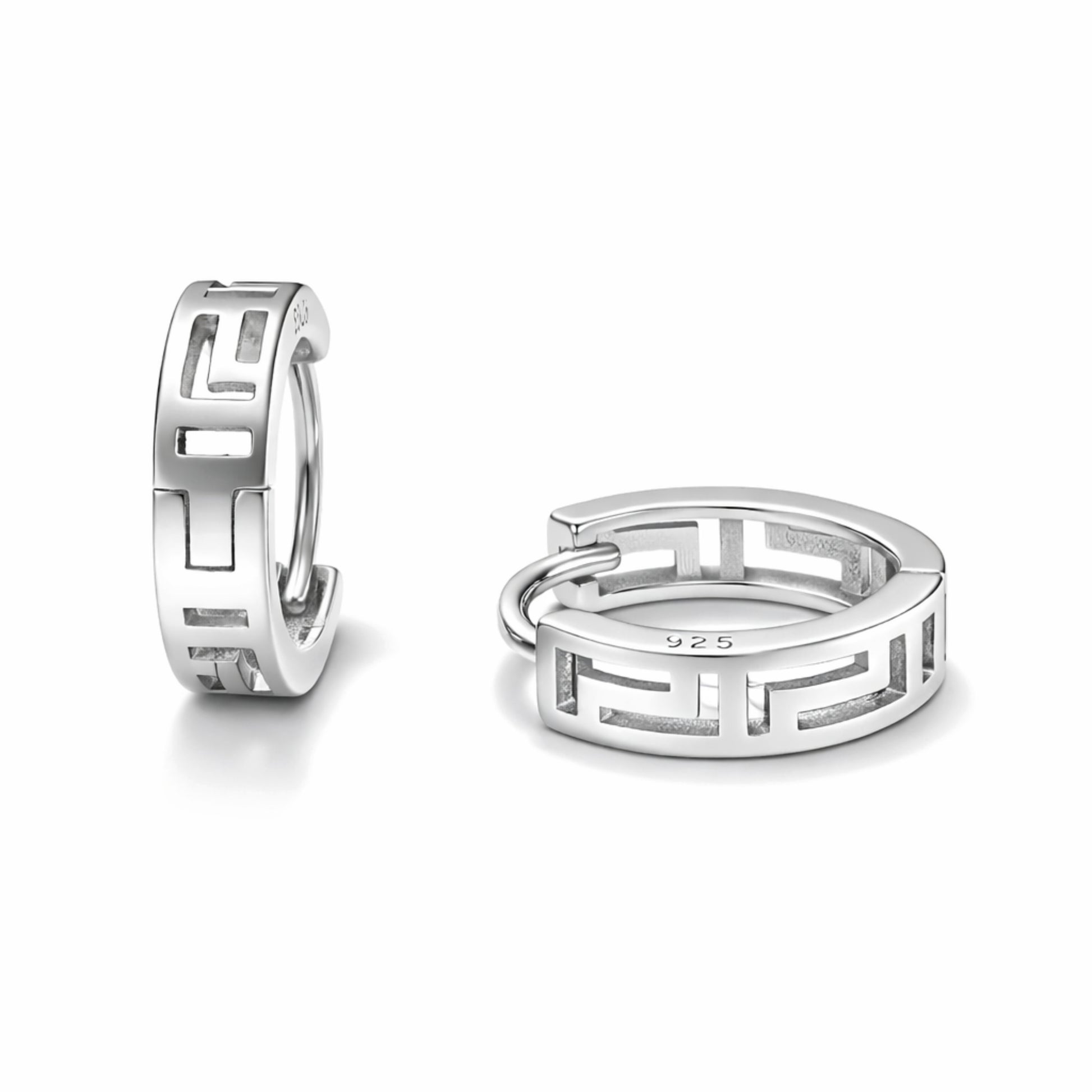 RUAAB Greek Key openwork 925 sterling silver huggie hoop earrings (bali), unisex