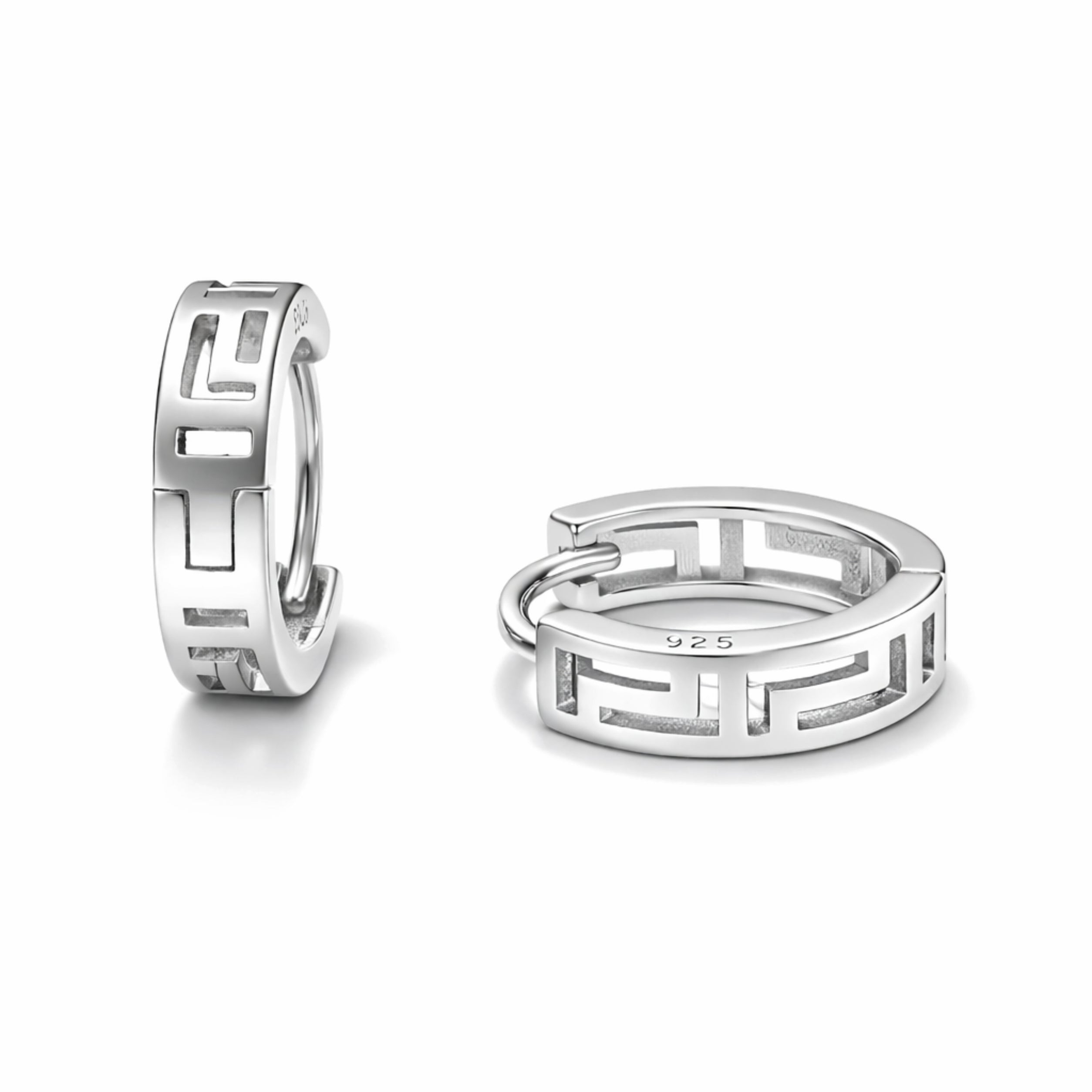 RUAAB Greek Key openwork 925 sterling silver huggie hoop earrings (bali), unisex