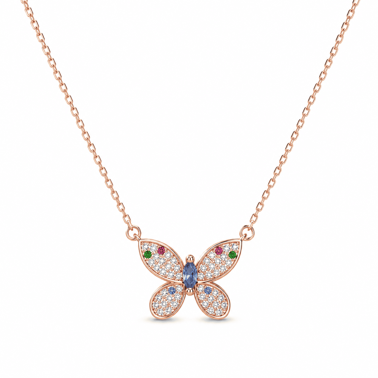 RUAAB butterfly pendant in rose gold finish 925 sterling silver with colour CZ accents