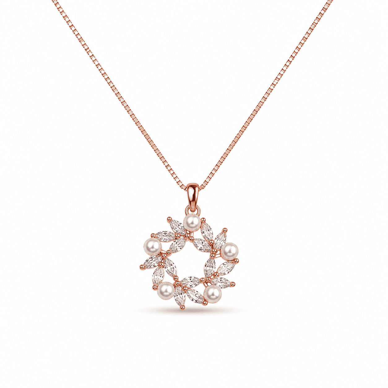 RUAAB pearl circle wreath pendant in rose gold finish 925 sterling silver with marquise CZ and pearls