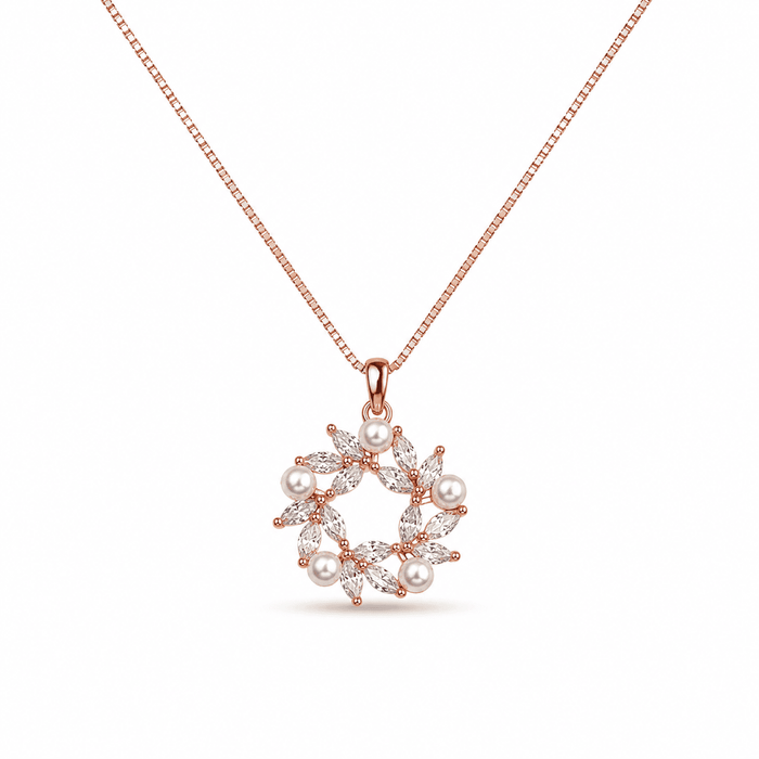 RUAAB pearl circle wreath pendant in rose gold finish 925 sterling silver with marquise CZ and pearls