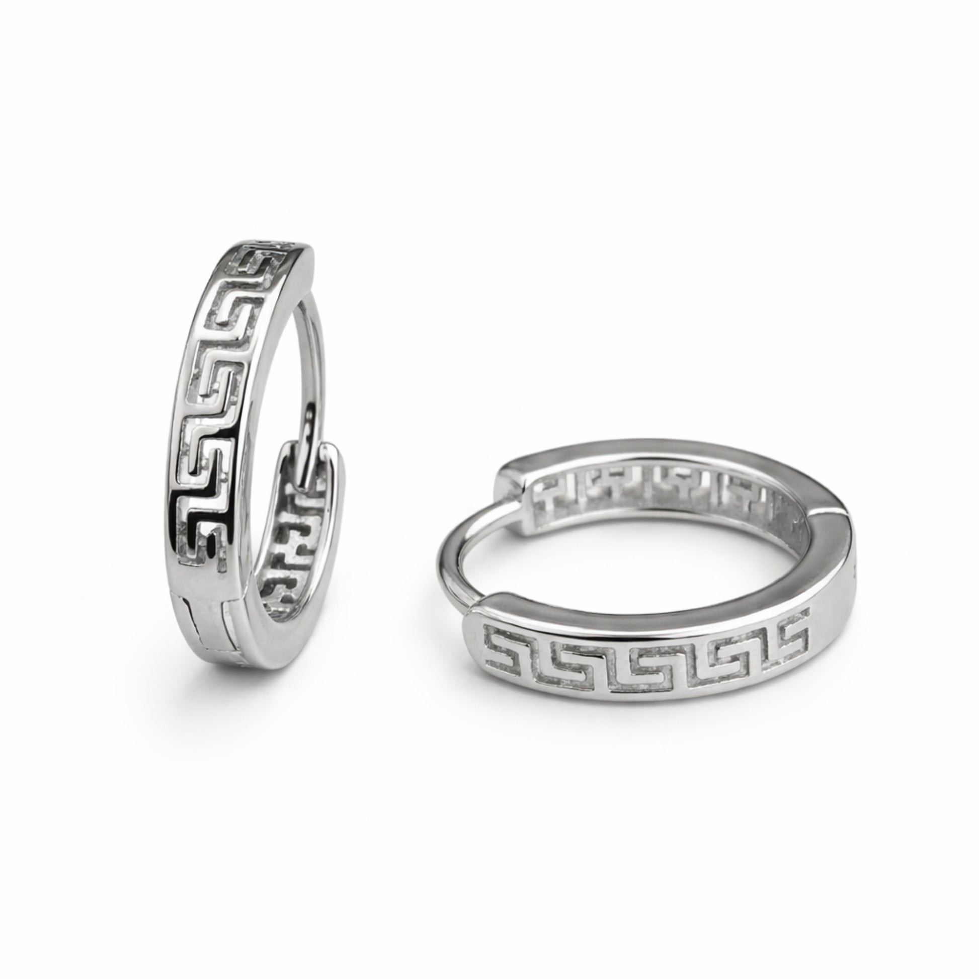 RUAAB Greek Key engraved 925 sterling silver huggie hoop earrings (bali), unisex