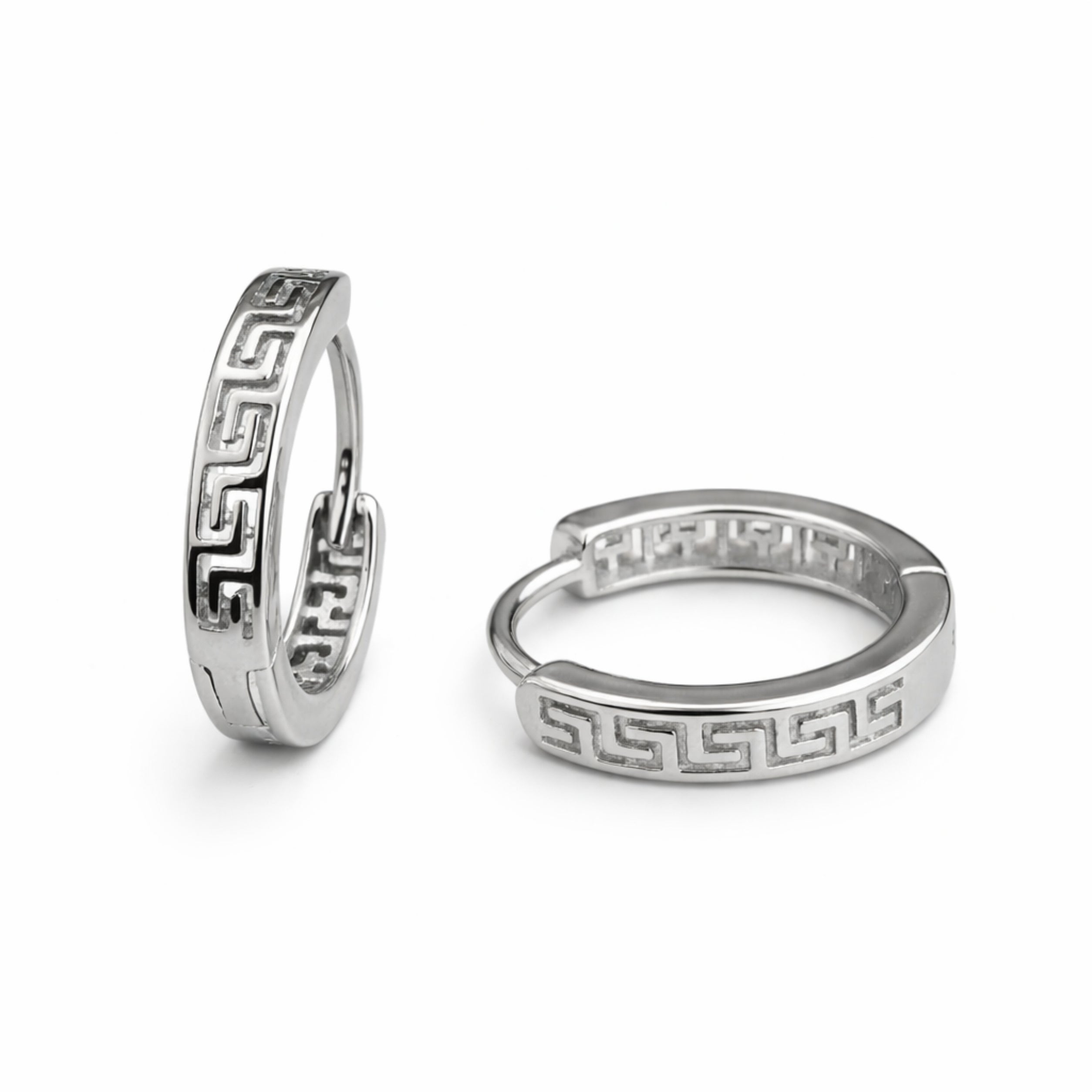 RUAAB Greek Key engraved 925 sterling silver huggie hoop earrings (bali), unisex