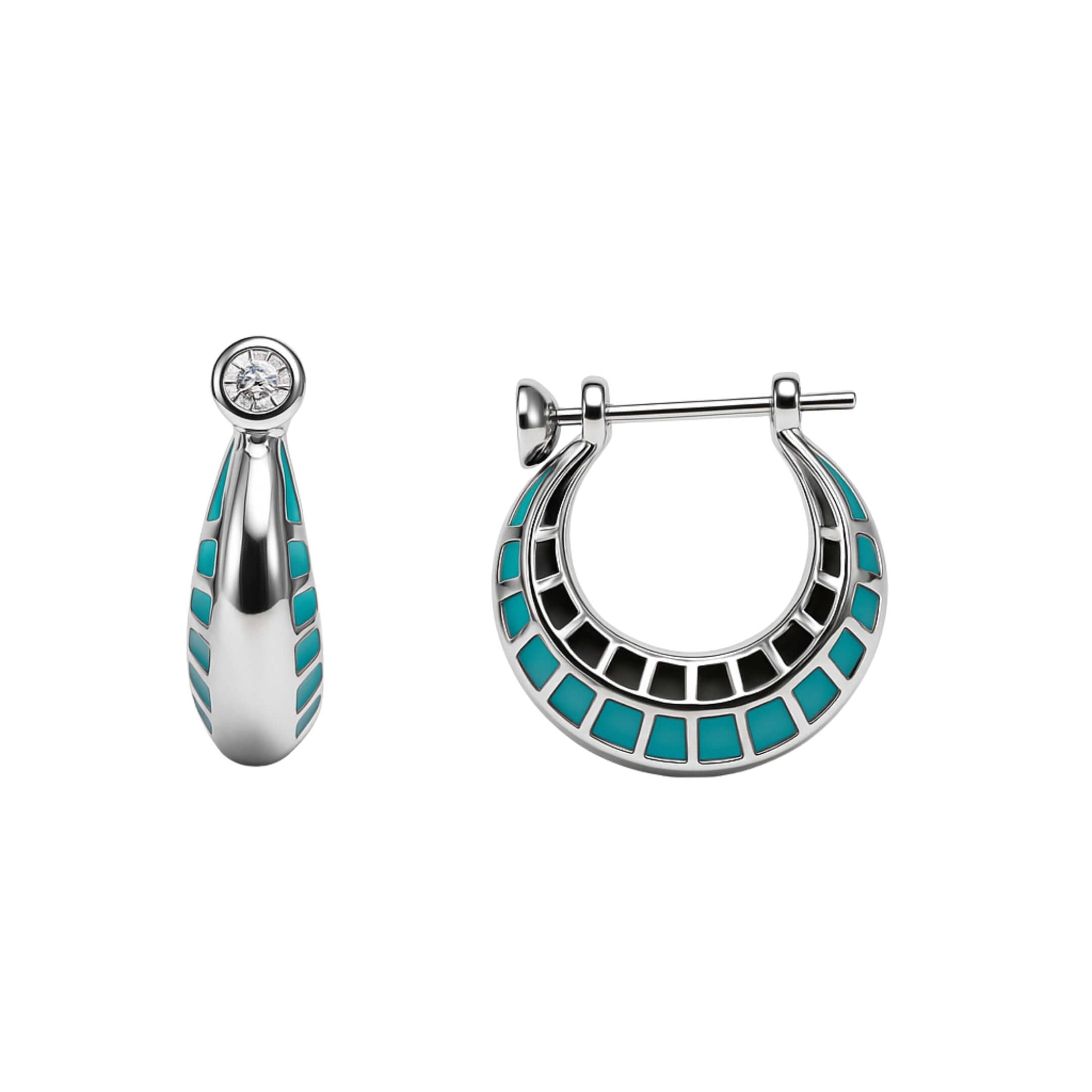 Pair of silver hoop earrings with turquoise and black accents on a white background