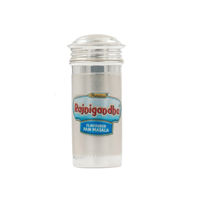 Rajnigandha Silver Dabbi in 925 sterling silver with domed lid closed and Rajnigandha emblem on a textured silver body