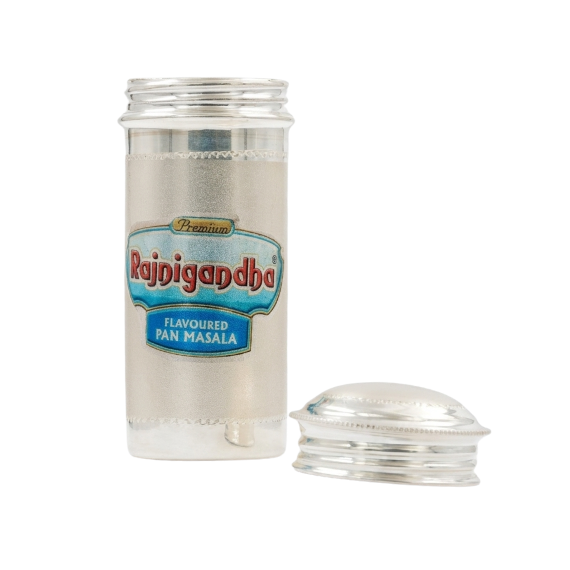 925 silver Rajnigandha pan masala holder shown open with the twist-off dome lid beside it