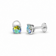 Pair of silver stud earrings with multicolored gemstones on a white background