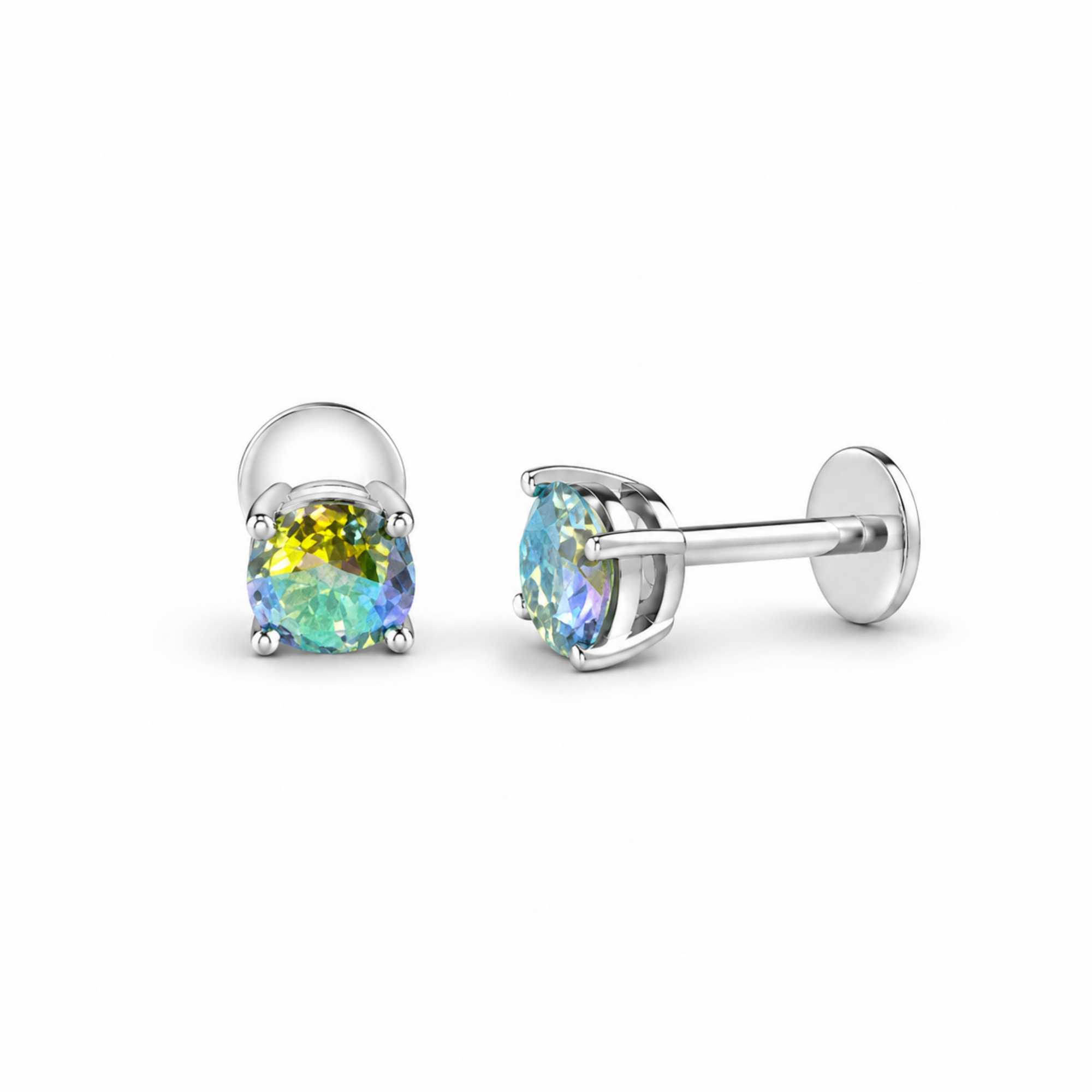 Pair of silver stud earrings with multicolored gemstones on a white background