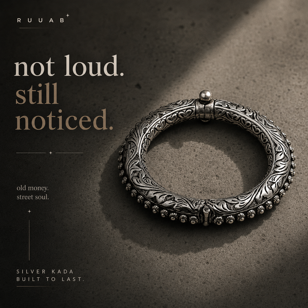 Rajwadi beaded kada for men in 925 silver, antique kada