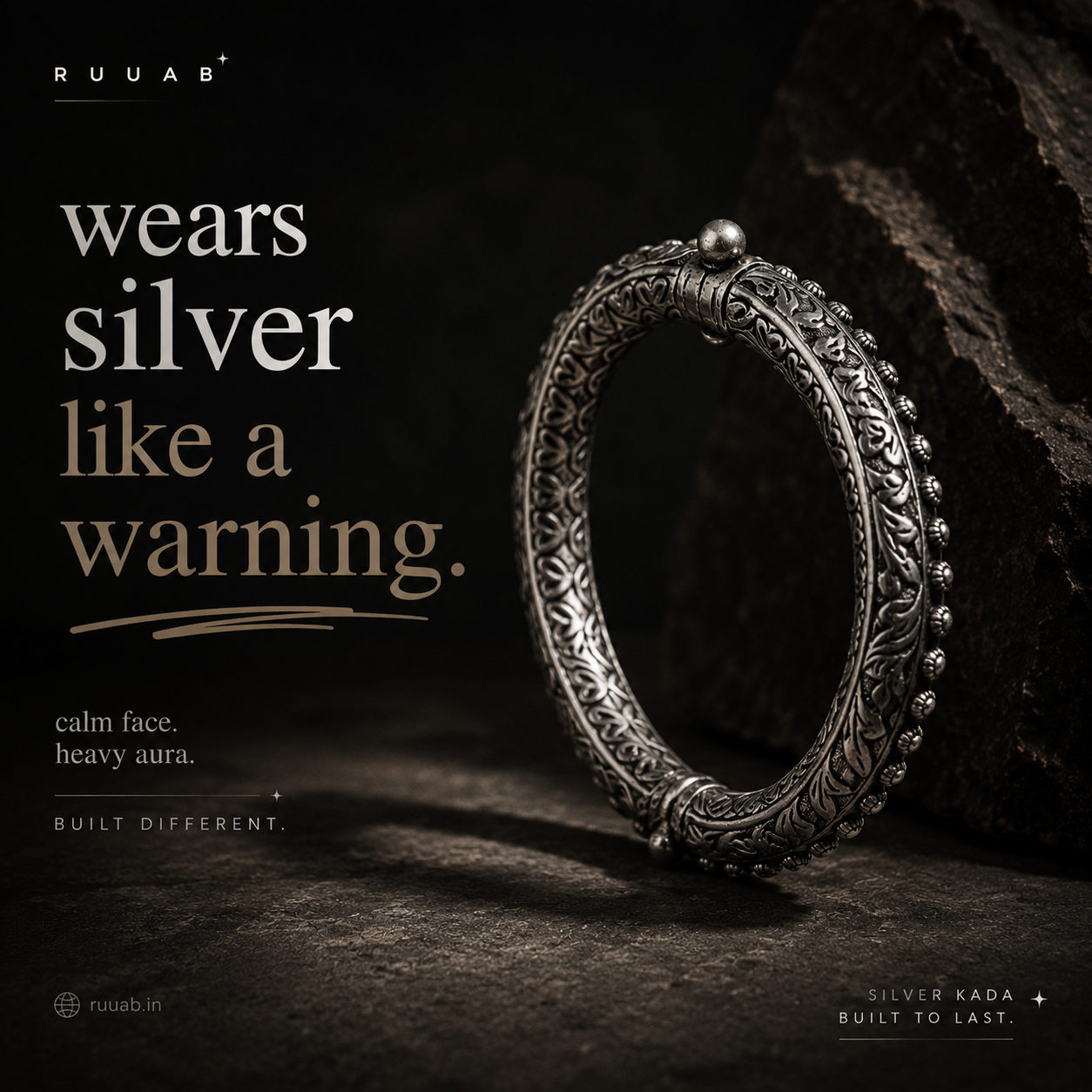 Rajwadi beaded kada for men in 925 silver, antique kada