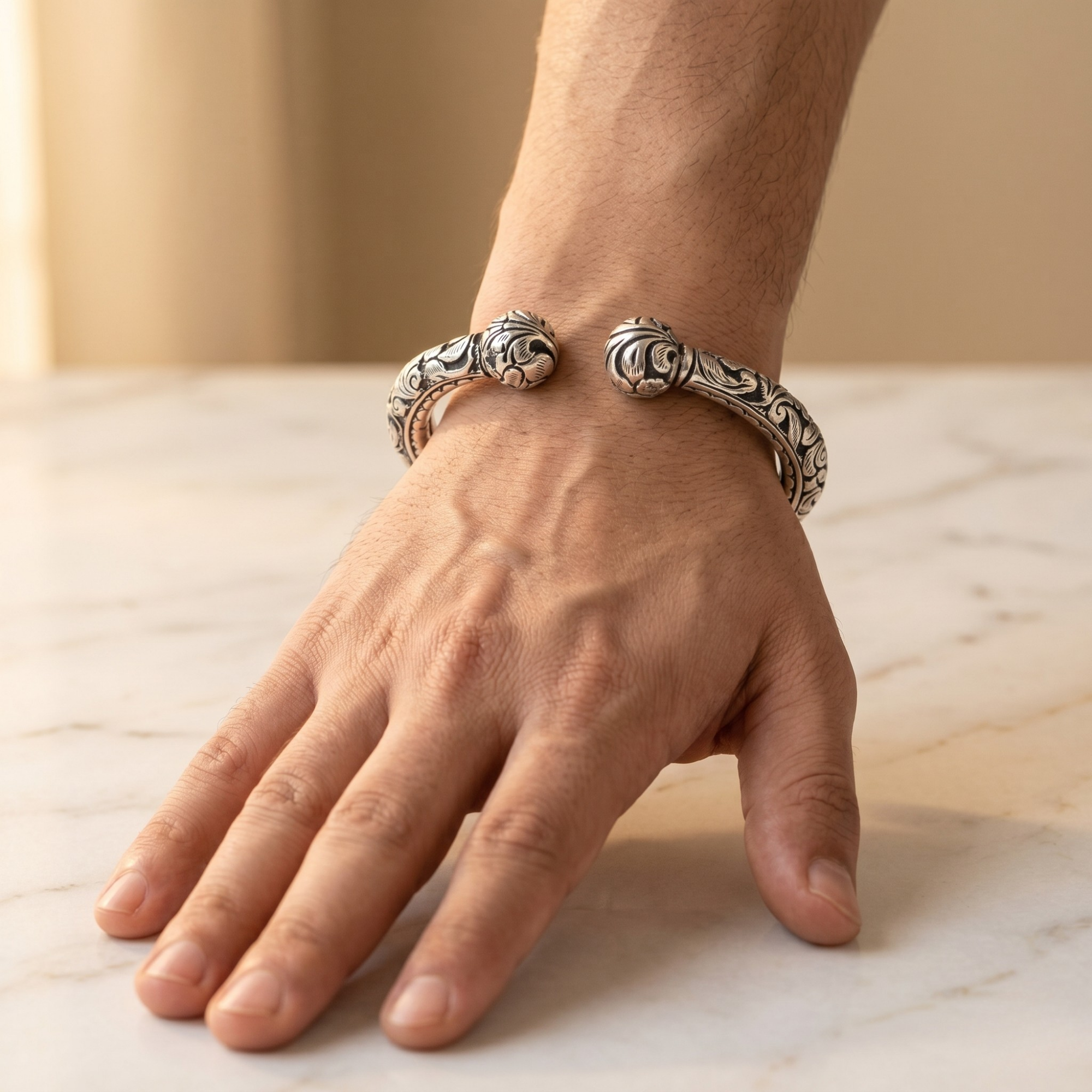 Classic Rajwadi engraved kada in 925 silver, Ruaab Exclusive